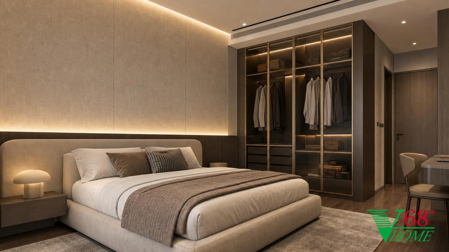 Phòng ngủ 3 Luxury hiện đại nội thất biệt thự hiện đại gỗ công nghiệp cao cấp bề mặt mờ, đá tự nhiên, da hoặc vải dệt, kính trà và kim loại màu champagne phối cảnh 3D V68 Home