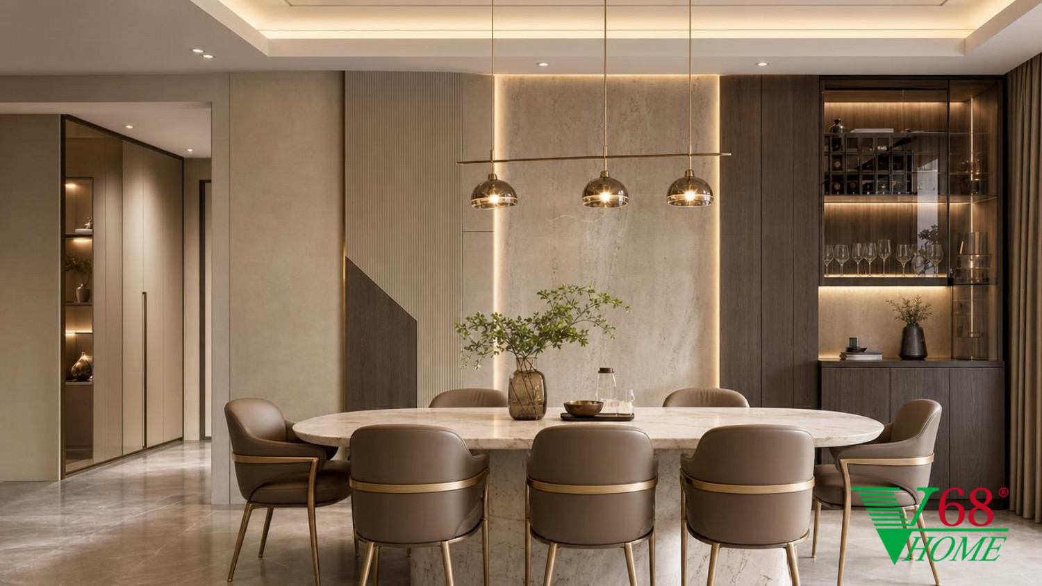 Phòng ăn Hiện đại sang trọng gỗ hoàn thiện mờ, đá tự nhiên, da, kính và kim loại cao cấp V68 Home