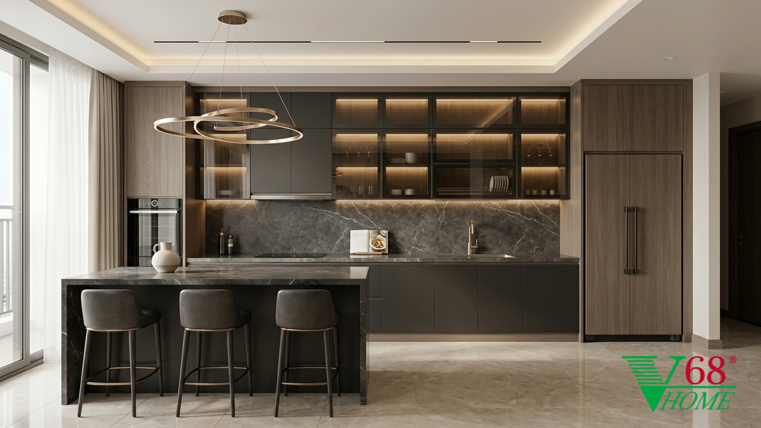 Phòng bếp Hiện đại sang trọng Nội thất căn hộ Penhouse gỗ hoàn thiện mờ, đá tự nhiên, da, kính và kim