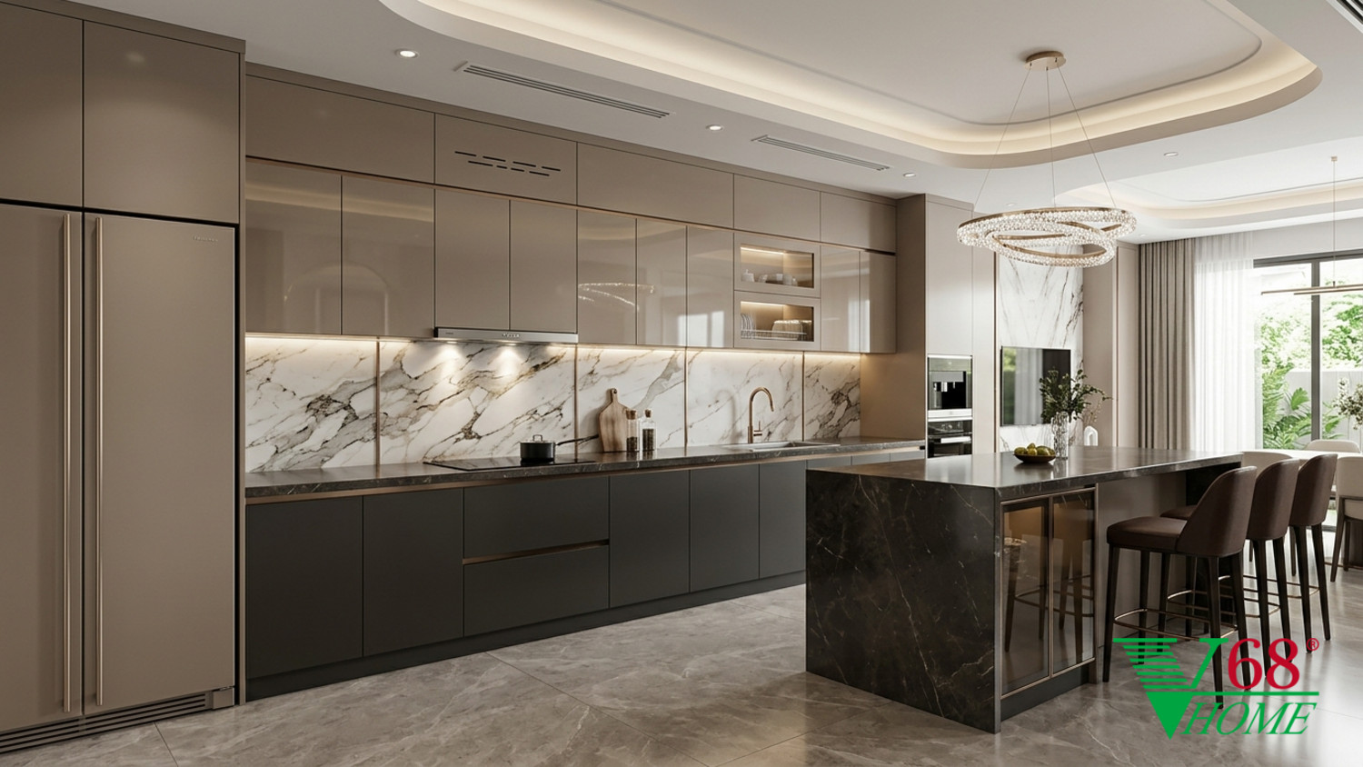 Phòng bếp Hiện đại sang trọng Nội thất căn hộ Penhouse gỗ hoàn thiện mờ, đá tự nhiên, da, kính và kim