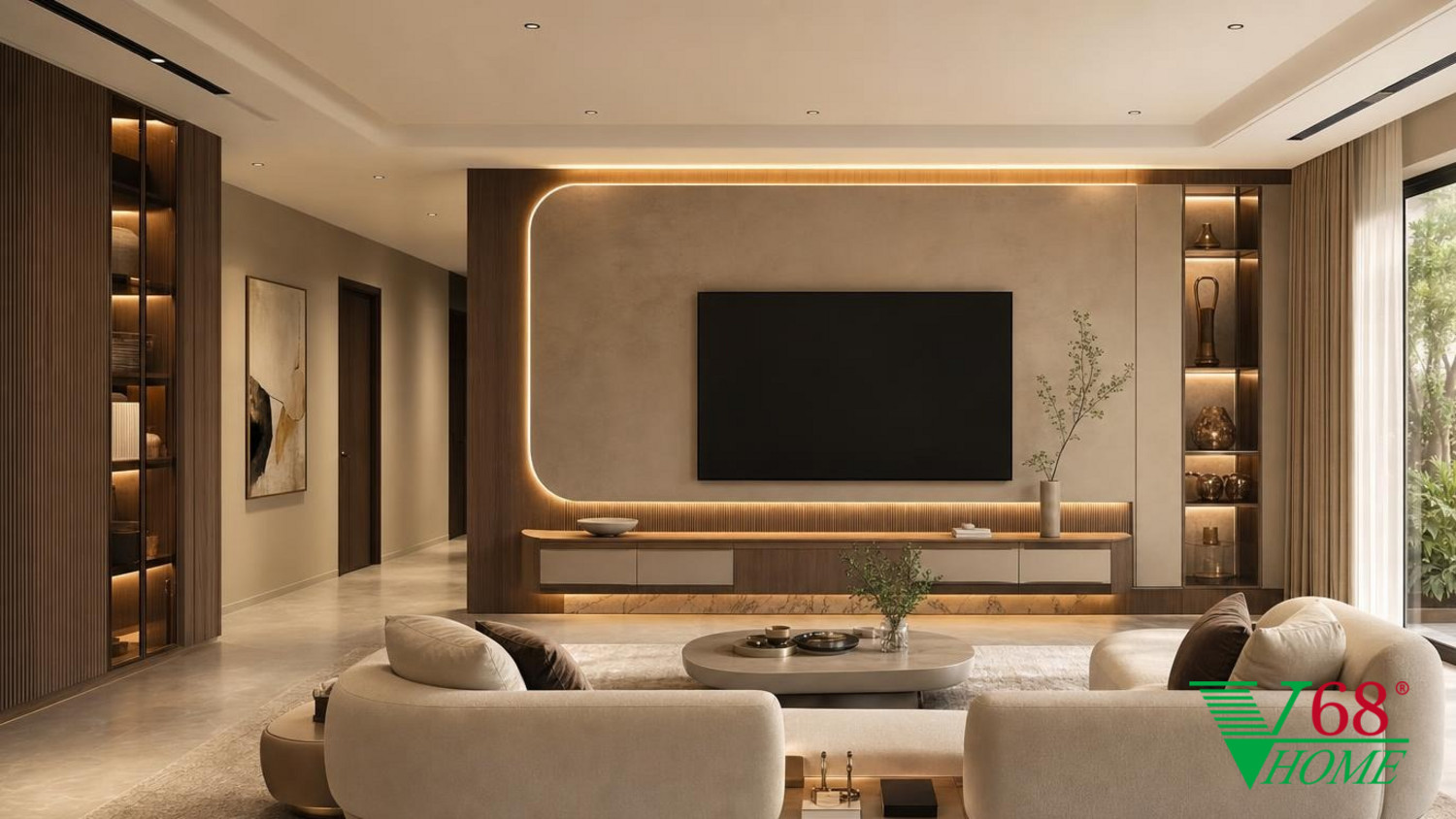 Phòng khách Hiện đại sang trọng Nội thất căn hộ Penhouse gỗ hoàn thiện mờ, đá tự nhiên, da, kính và kim
