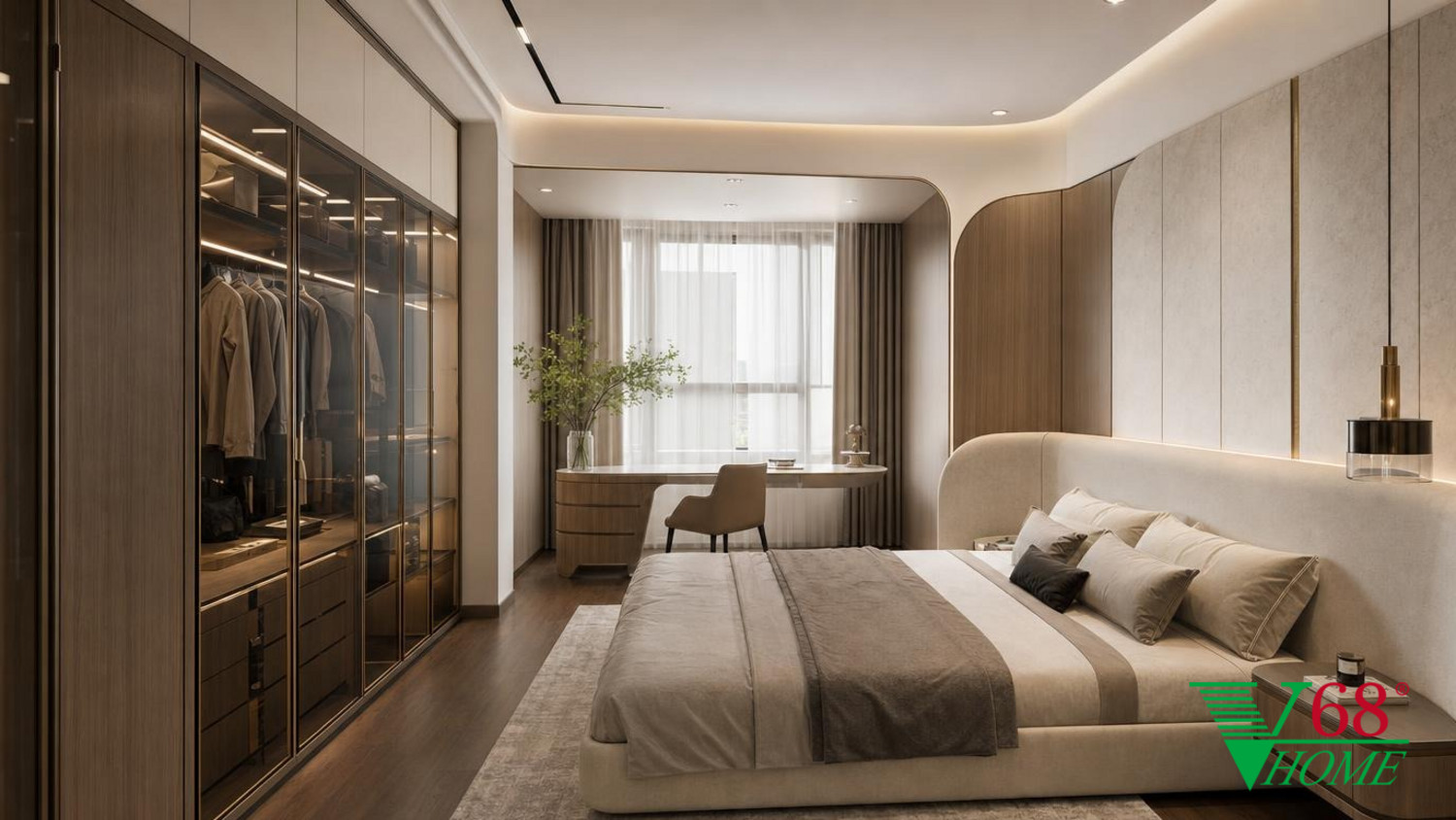 Phòng ngủ 2 Hiện đại sang trọng gỗ hoàn thiện mờ, đá tự nhiên, da, kính và kim loại cao cấp V68