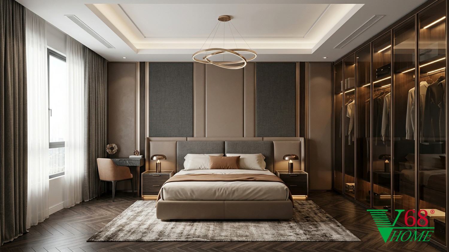 Phòng ngủ 2 Hiện đại sang trọng gỗ hoàn thiện mờ, đá tự nhiên, da, kính và kim loại cao cấp V68