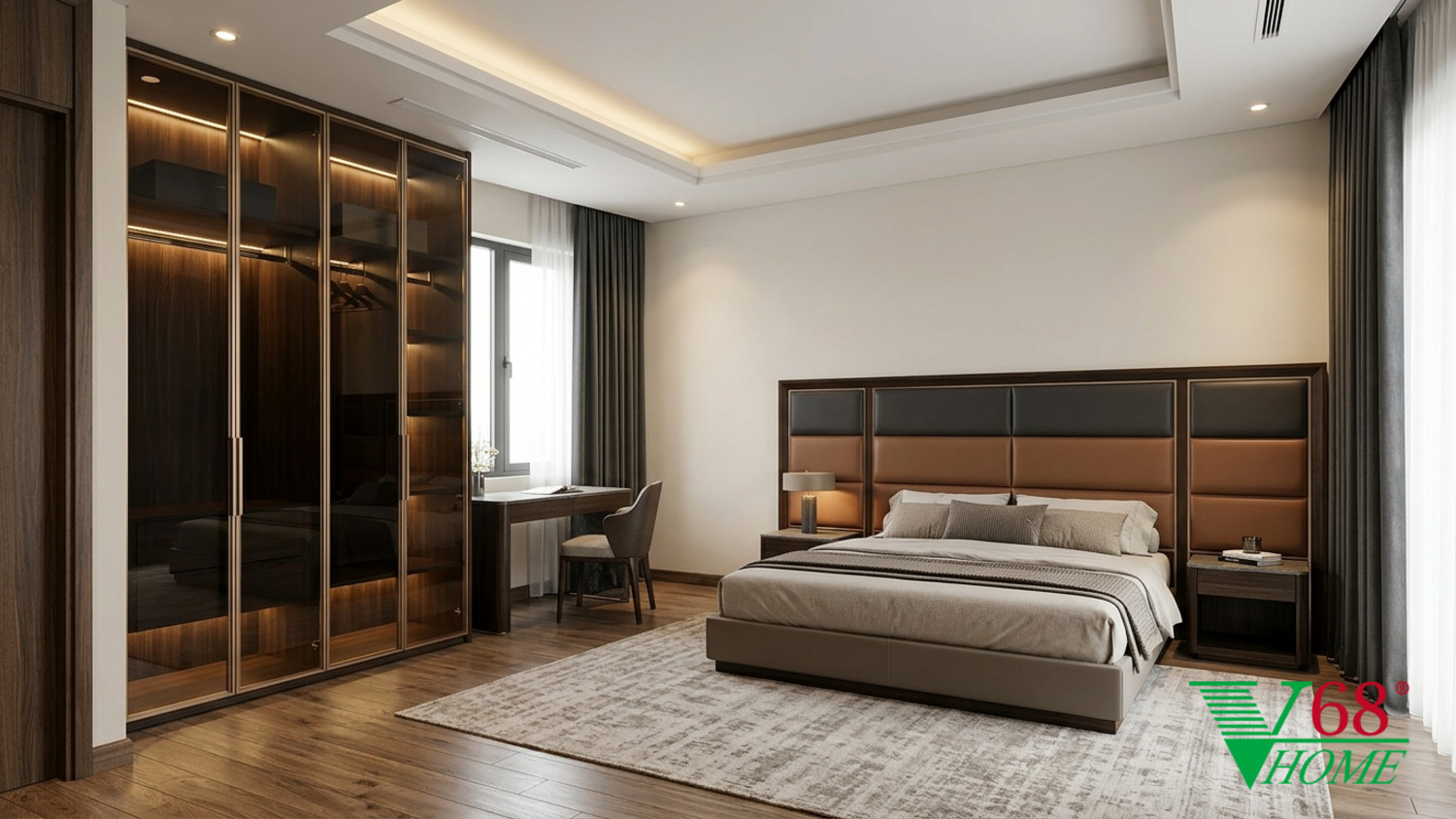 Phòng ngủ 3 Hiện đại sang trọng gỗ hoàn thiện mờ, đá tự nhiên, da, kính và kim loại cao cấp V68
