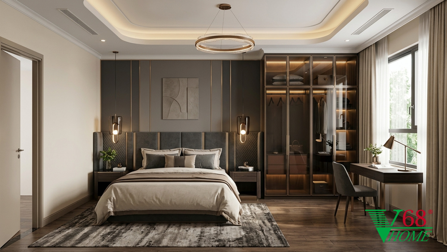 Phòng ngủ 3 Hiện đại sang trọng gỗ hoàn thiện mờ, đá tự nhiên, da, kính và kim loại cao cấp V68
