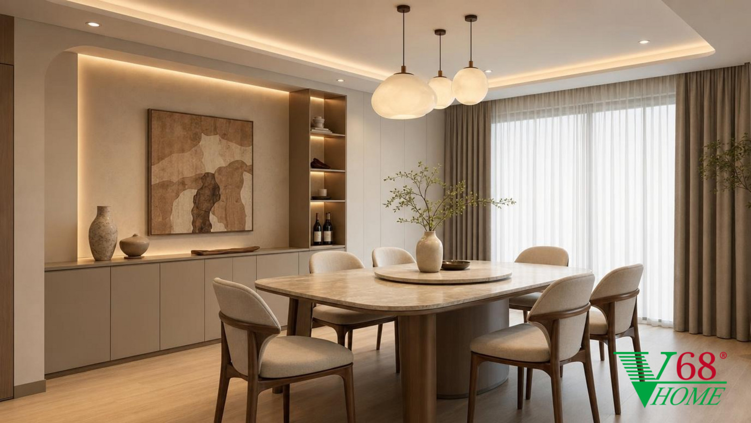 Phòng ăn hiện đại với ánh sáng linear LED và vật liệu gỗ trung tính