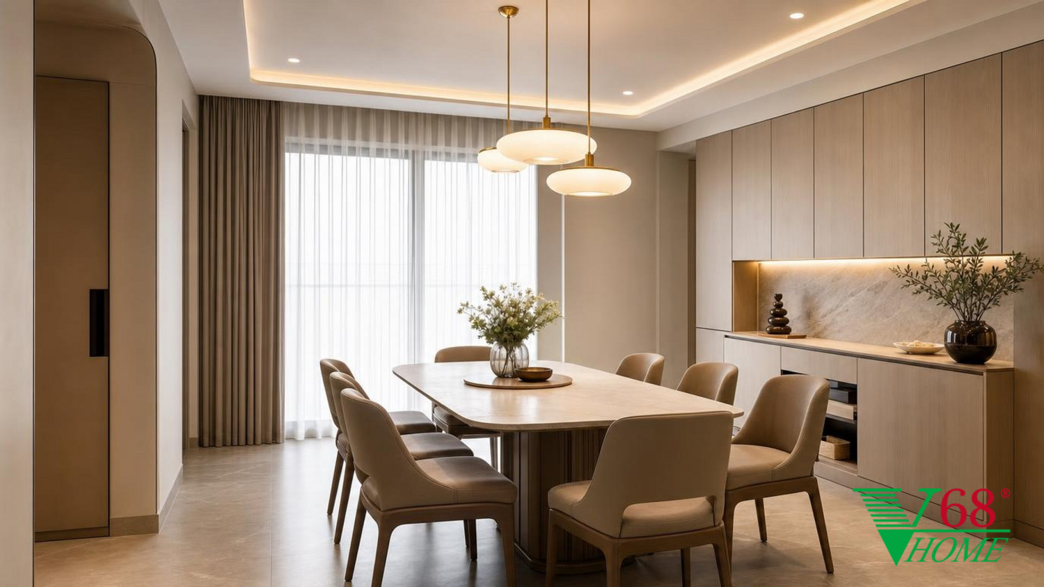 Phòng ăn nội thất chung cư hiện đại cao cấp với bàn ăn thiết kế tối giản