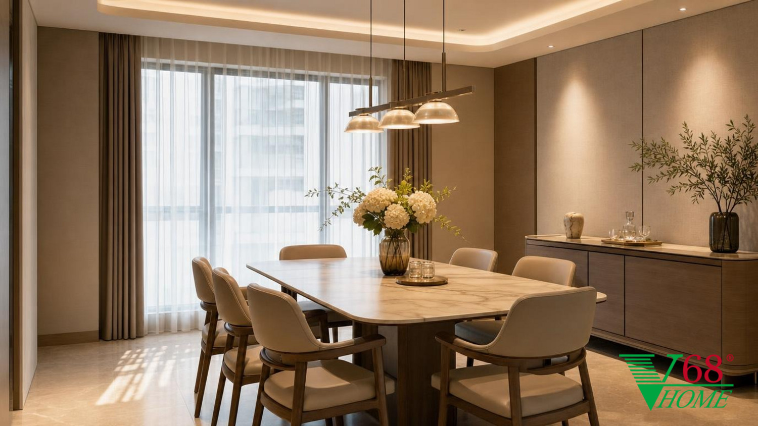 Phòng ăn nội thất chung cư hiện đại cao cấp với đảo bếp tích hợp