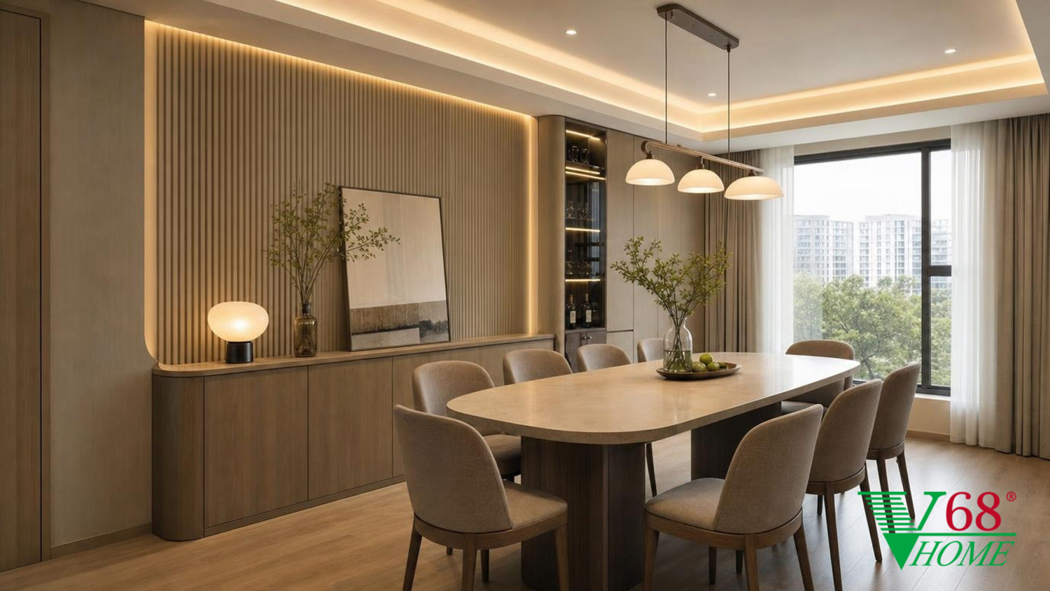 Phòng ăn Hiện đại nội thất chung cư hiện đại 2026 WARM CONTEMPORARY MODERN: high-quality An Cuong engineered-wood surfaces in super-matte phối cảnh 3D V68 Home