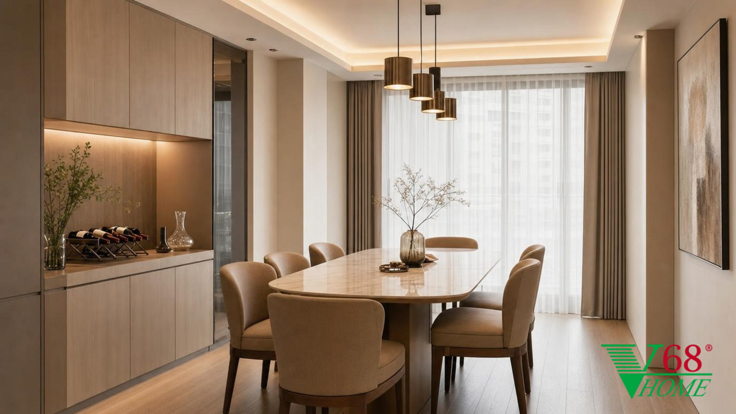 Phòng ăn Hiện đại nội thất chung cư hiện đại gỗ công nghiệp cao cấp bề mặt mờ, đá tự nhiên, da hoặc vải dệt, kính trà và kim loại màu champagne phối cảnh 3D V68 Home