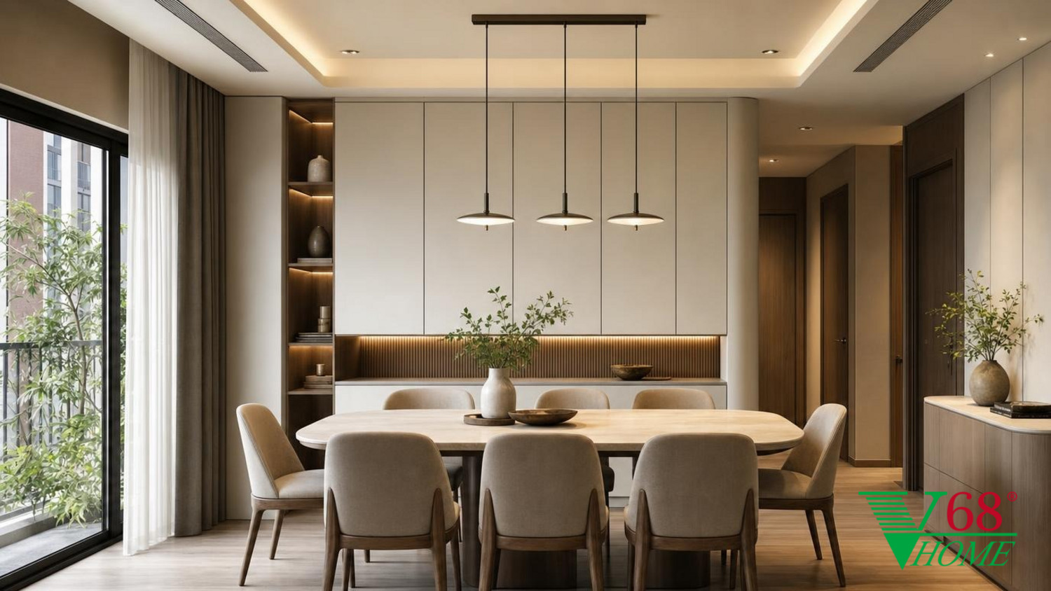 Phòng ăn Hiện đại ấm áp gỗ hoàn thiện mờ, đá, vải dệt, da và kính V68 Home