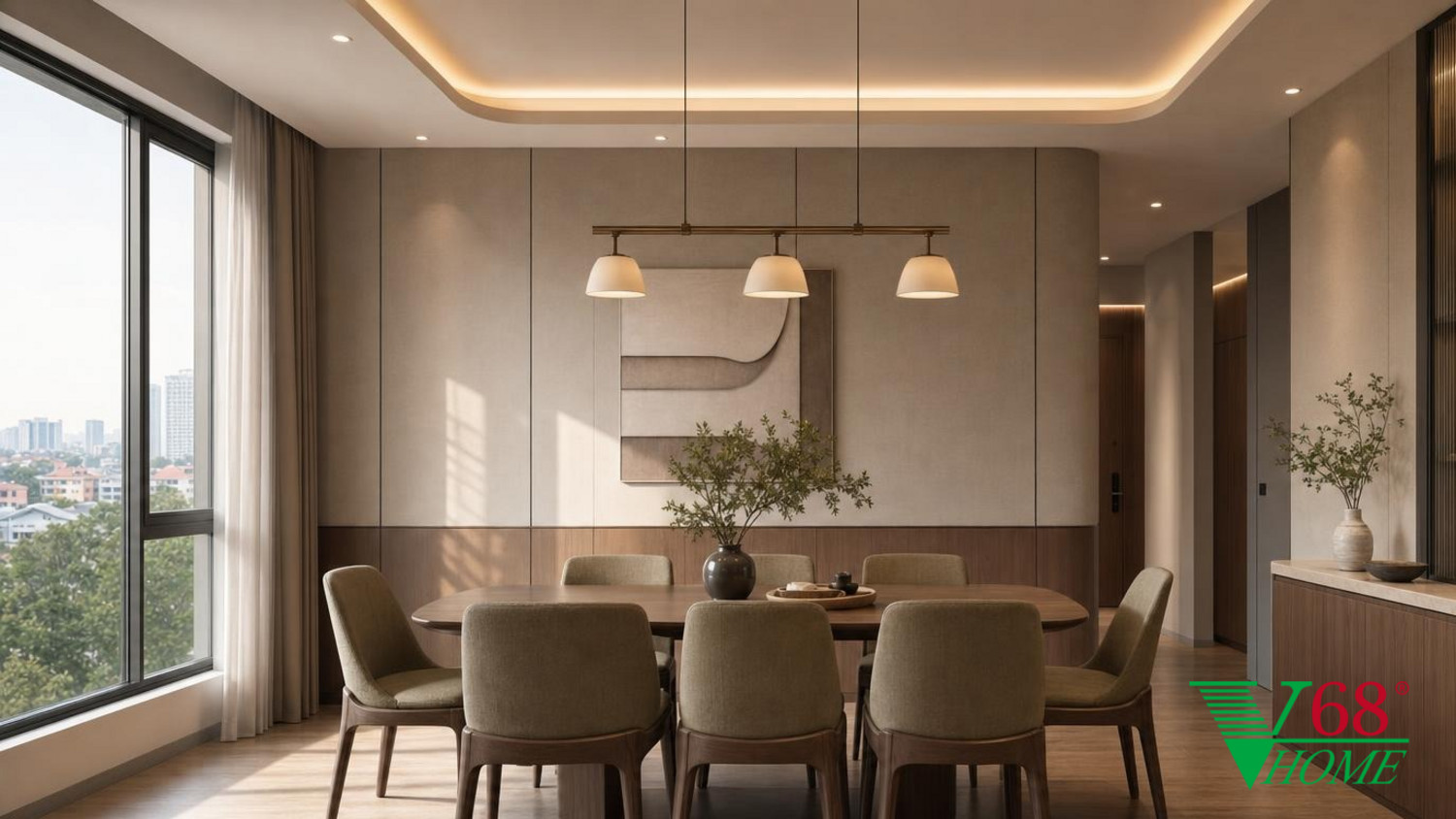 Phòng ăn Hiện đại ấm áp gỗ hoàn thiện mờ, đá, vải dệt, da và kính V68 Home