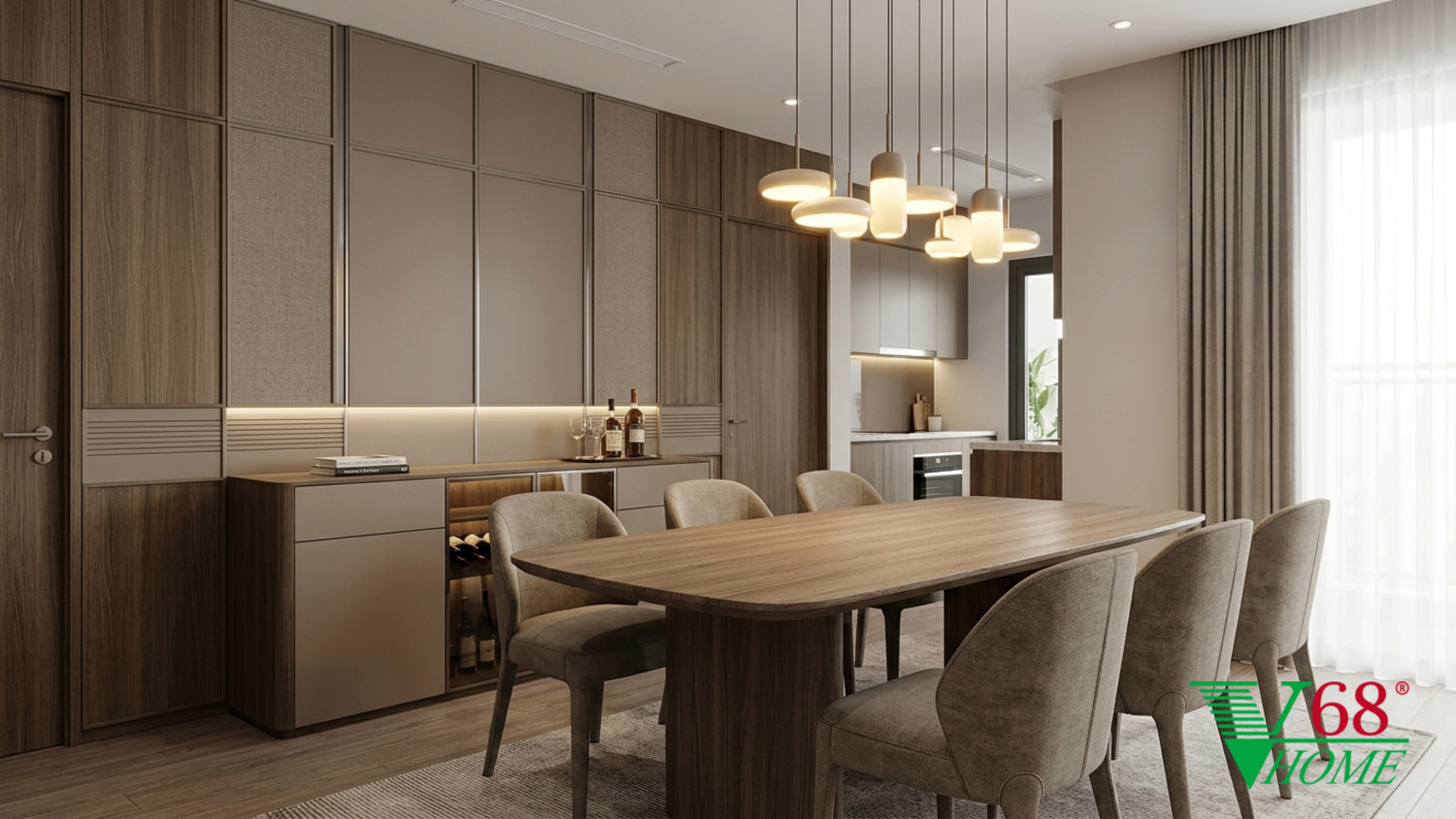 Phòng ăn Hiện đại ấm áp gỗ hoàn thiện mờ, đá, vải dệt, da và kính V68 Home