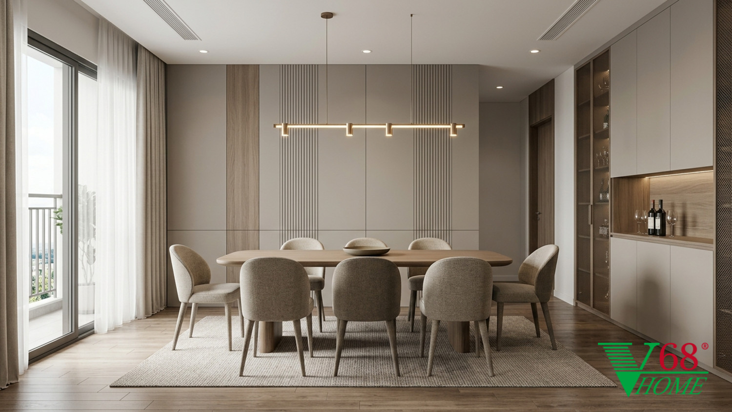 Phòng ăn Hiện đại ấm áp gỗ hoàn thiện mờ, đá, vải dệt, da và kính V68 Home