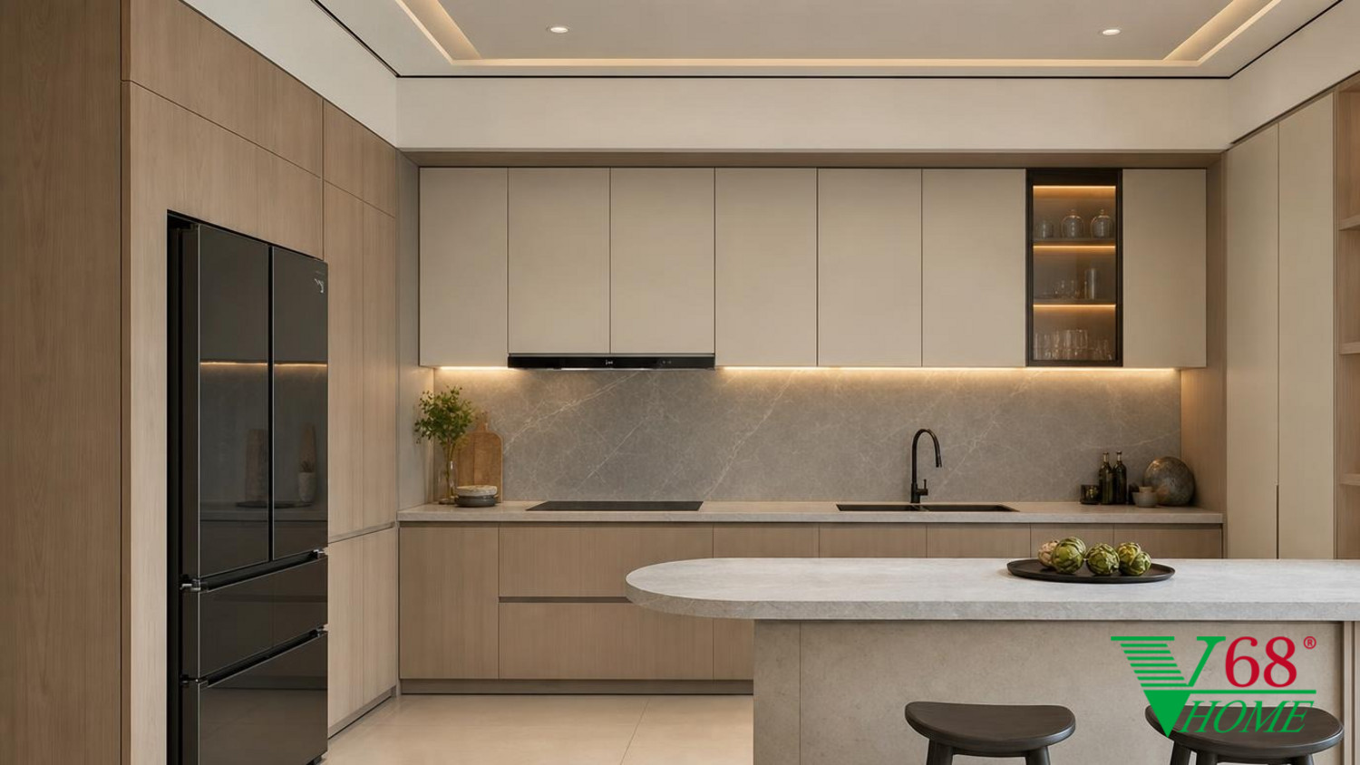 Phòng bếp hiện đại với hệ tủ không tay nắm và đảo bếp chức năng