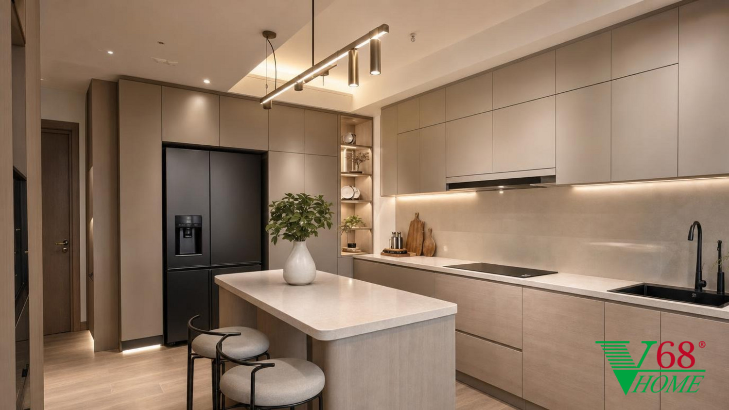 Phòng bếp Hiện đại nội thất chung cư hiện đại 2026 WARM CONTEMPORARY MODERN: high-quality An Cuong engineered-wood surfaces in super-matte phối cảnh 3D V68 Home