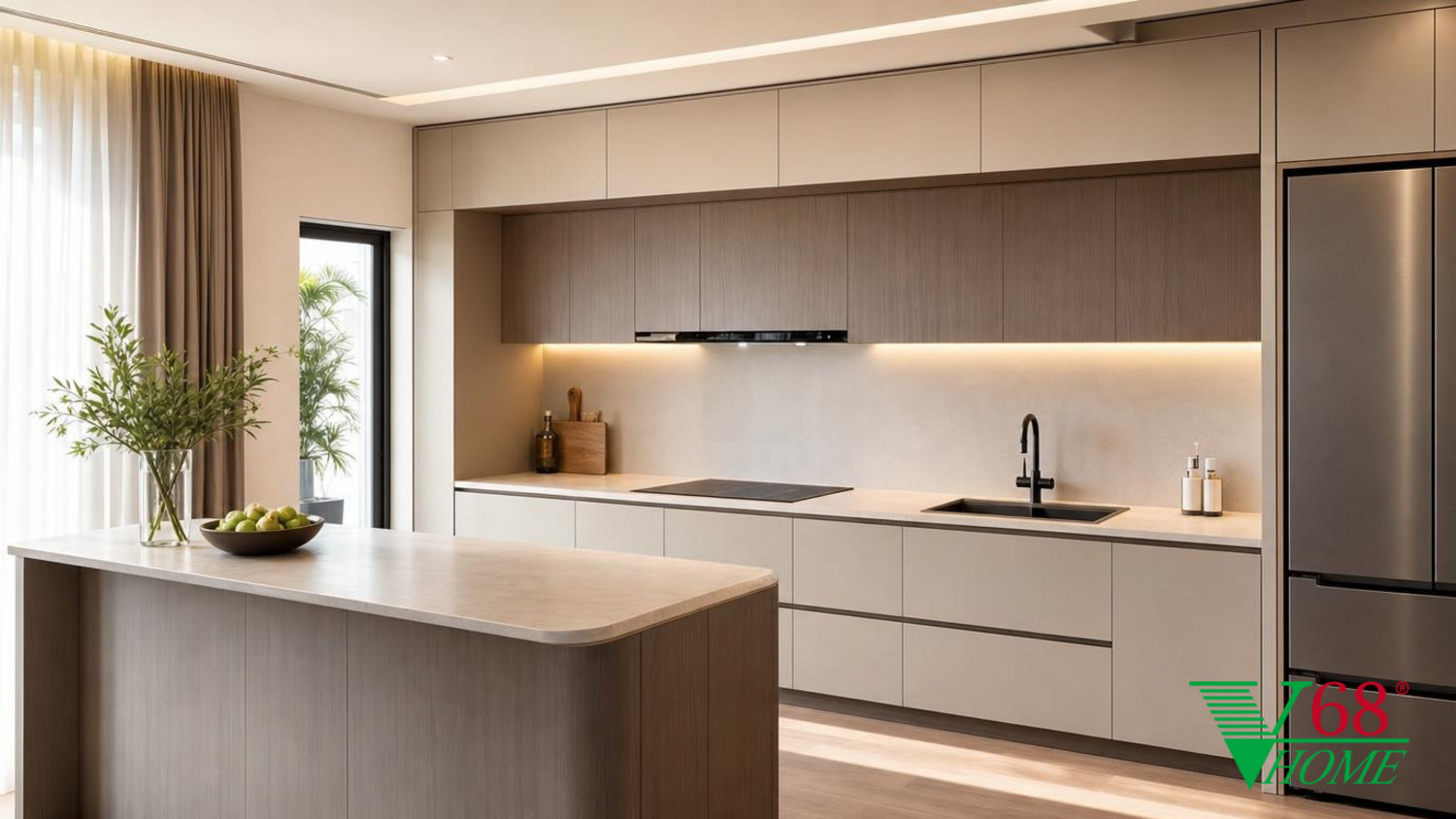 Phòng bếp Hiện đại nội thất chung cư hiện đại gỗ công nghiệp cao cấp bề mặt mờ, đá tự nhiên, da hoặc vải dệt, kính trà và kim loại màu champagne phối cảnh 3D V68 Home