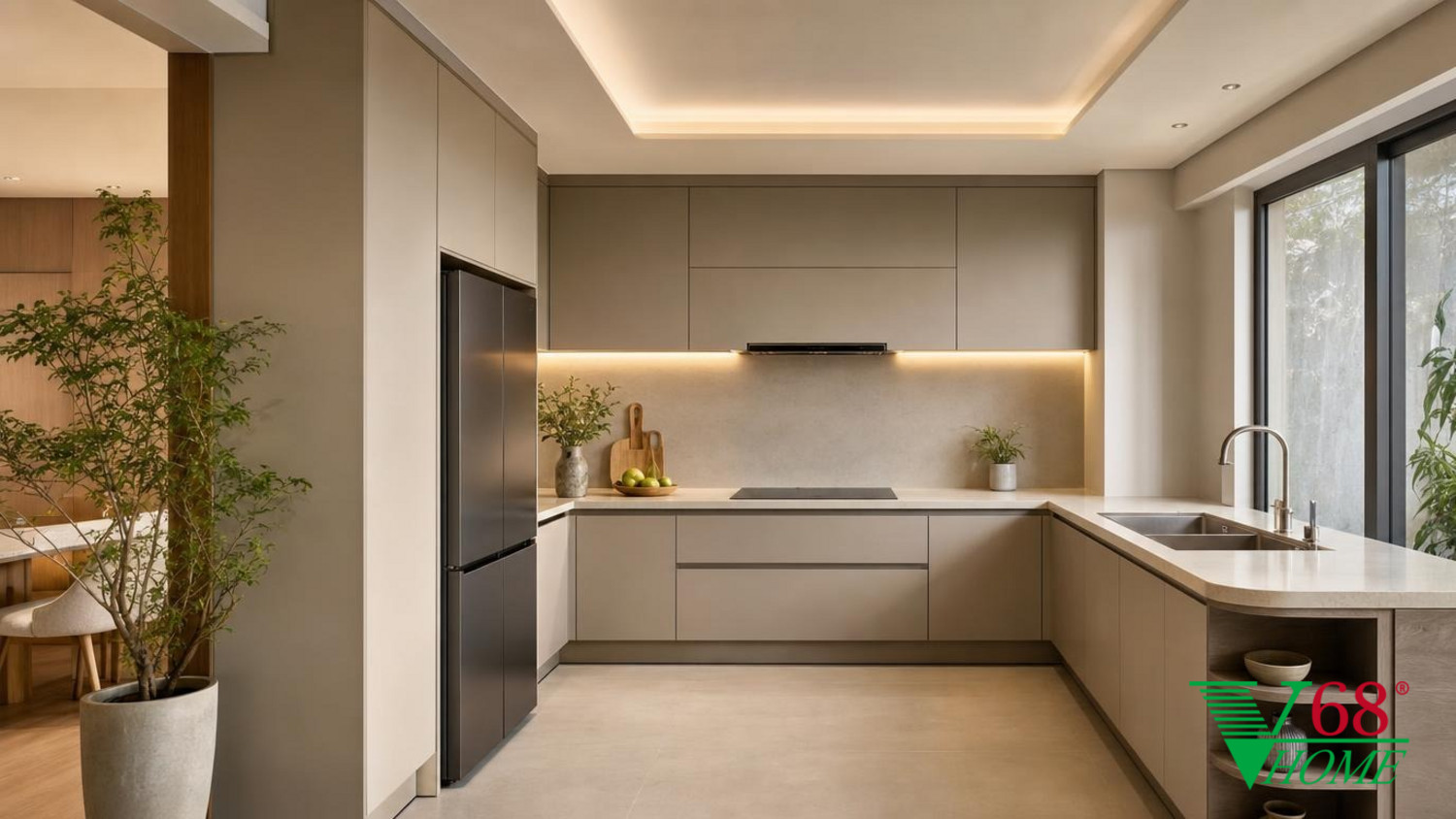 Phòng bếp Hiện đại ấm áp nội thất chung cư hiện đại gỗ hoàn thiện mờ, đá, vải dệt, da và kính