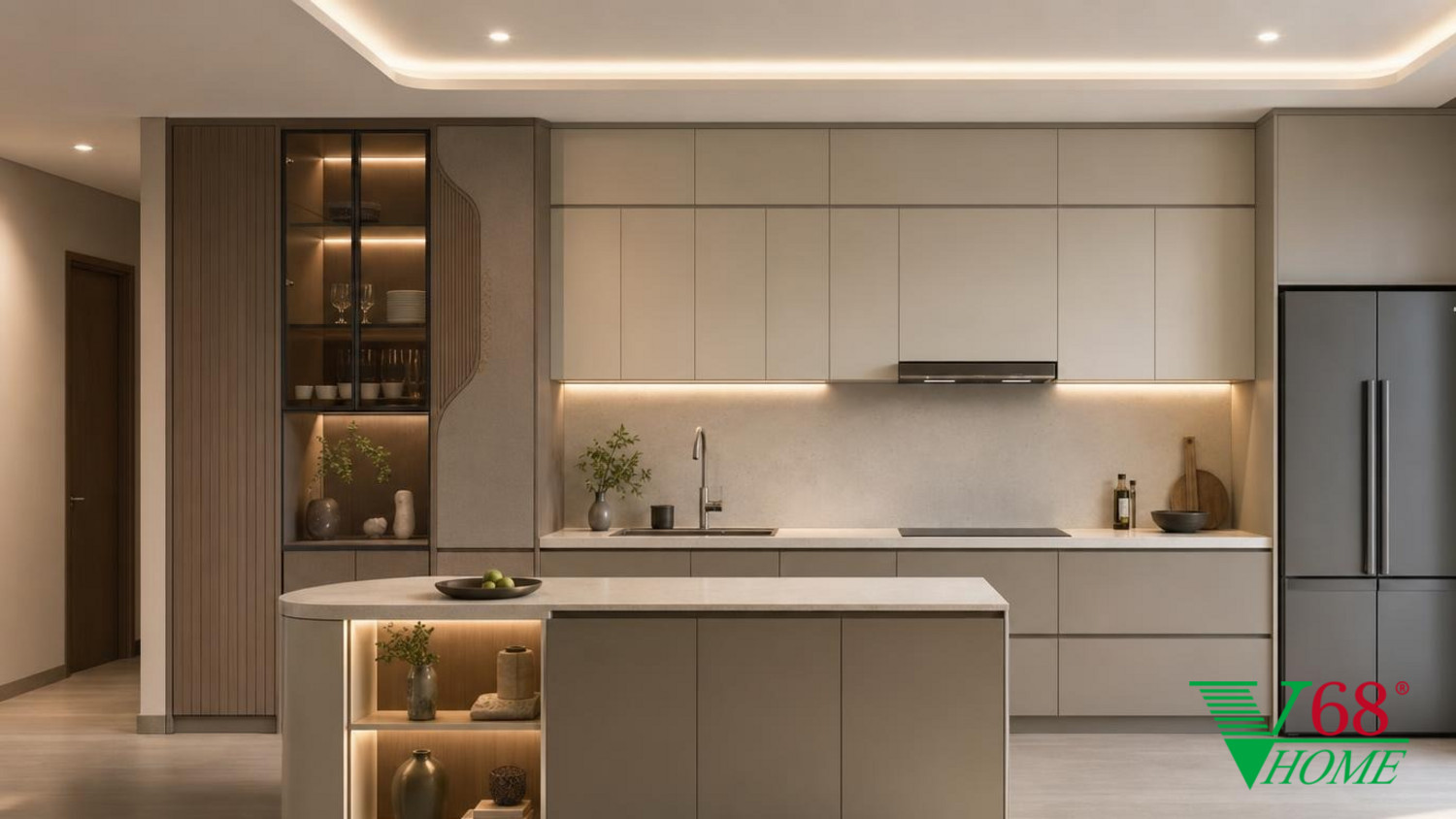 Phòng bếp Hiện đại ấm áp nội thất chung cư hiện đại gỗ hoàn thiện mờ, đá, vải dệt, da và kính