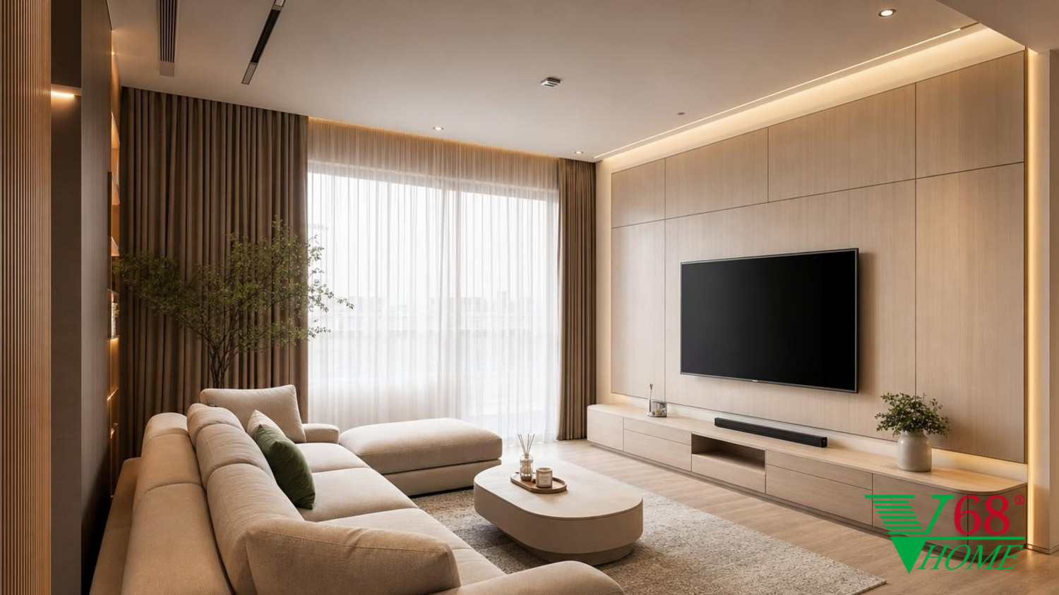 Phòng khách nội thất chung cư hiện đại với tông màu greige ấm áp và thiết kế tối giản