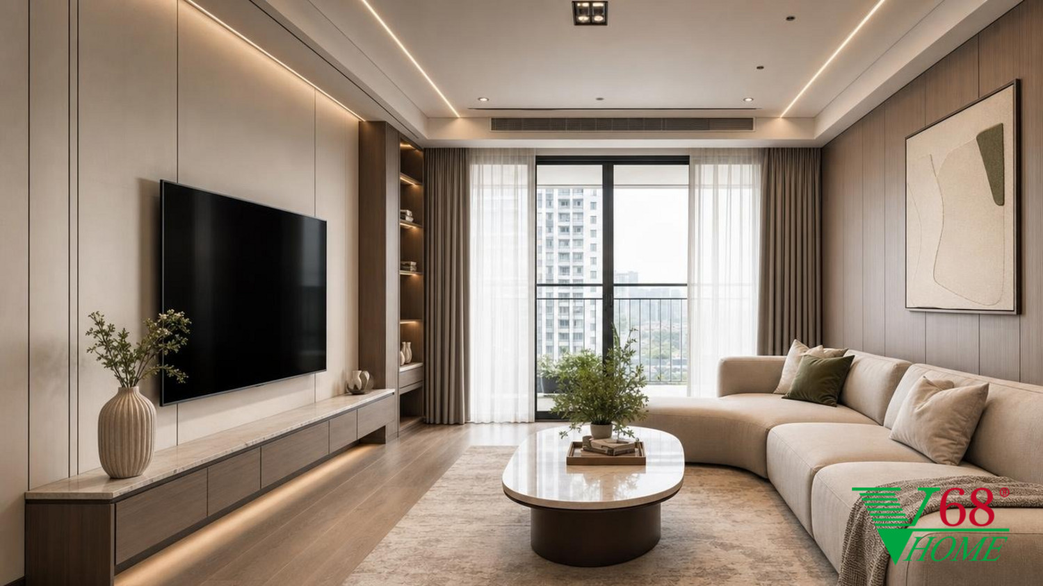 Phòng khách Hiện đại nội thất chung cư hiện đại 2026 WARM CONTEMPORARY MODERN: high-quality An Cuong engineered-wood surfaces in super-matte phối cảnh 3D V68 Home