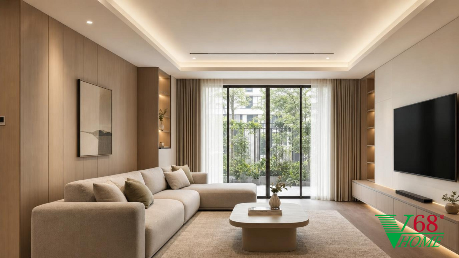Phòng khách Hiện đại ấm áp nội thất chung cư hiện đại gỗ hoàn thiện mờ, đá, vải dệt, da và kính