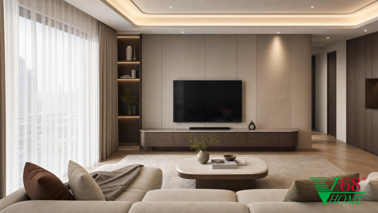 Phòng khách Hiện đại ấm áp nội thất chung cư hiện đại gỗ hoàn thiện mờ, đá, vải dệt, da và kính