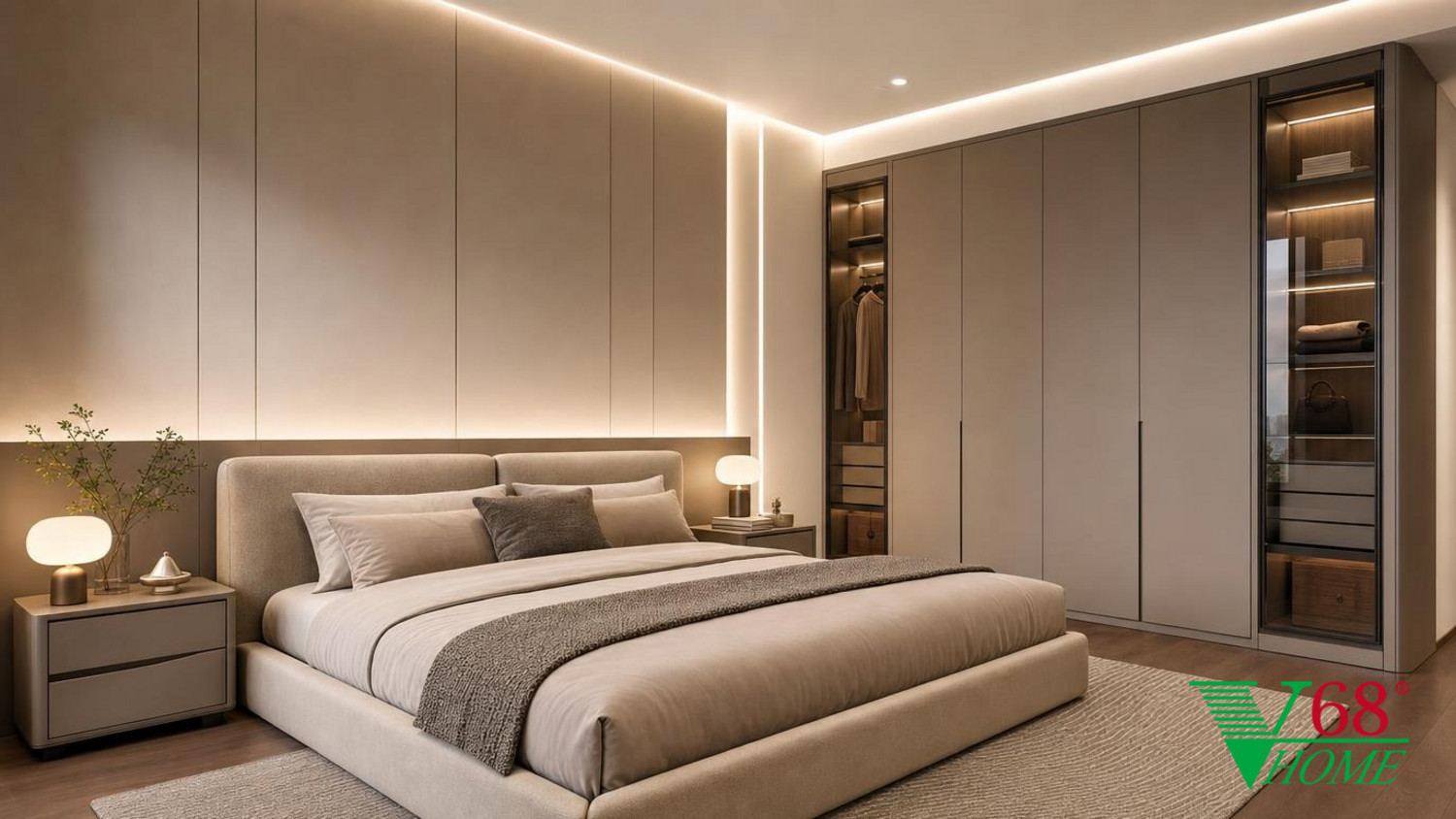 Phòng ngủ 1 với nội thất chung cư hiện đại cao cấp và ánh sáng gián tiếp