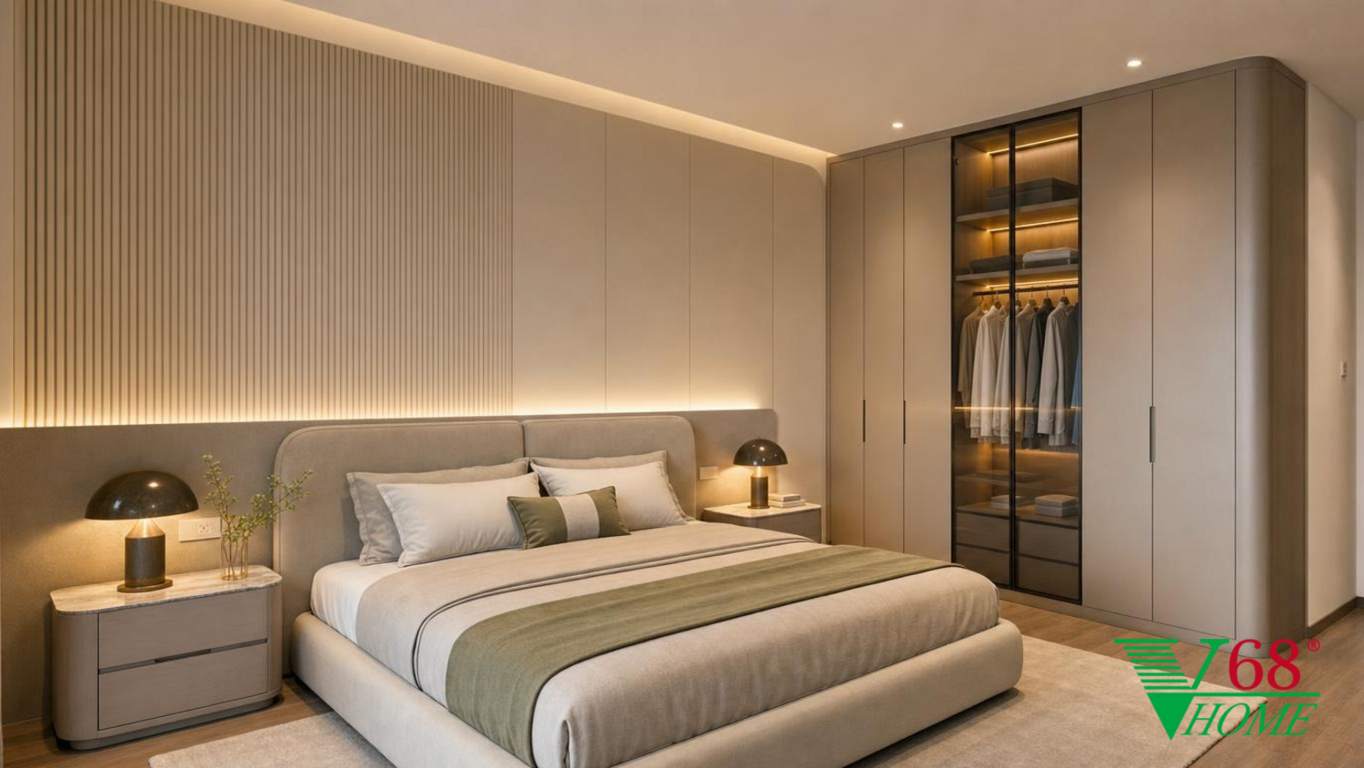 Phòng ngủ 1 Hiện đại nội thất chung cư hiện đại 2026 WARM CONTEMPORARY MODERN: high-quality An Cuong engineered-wood surfaces in super-matte phối cảnh 3D V68 Home