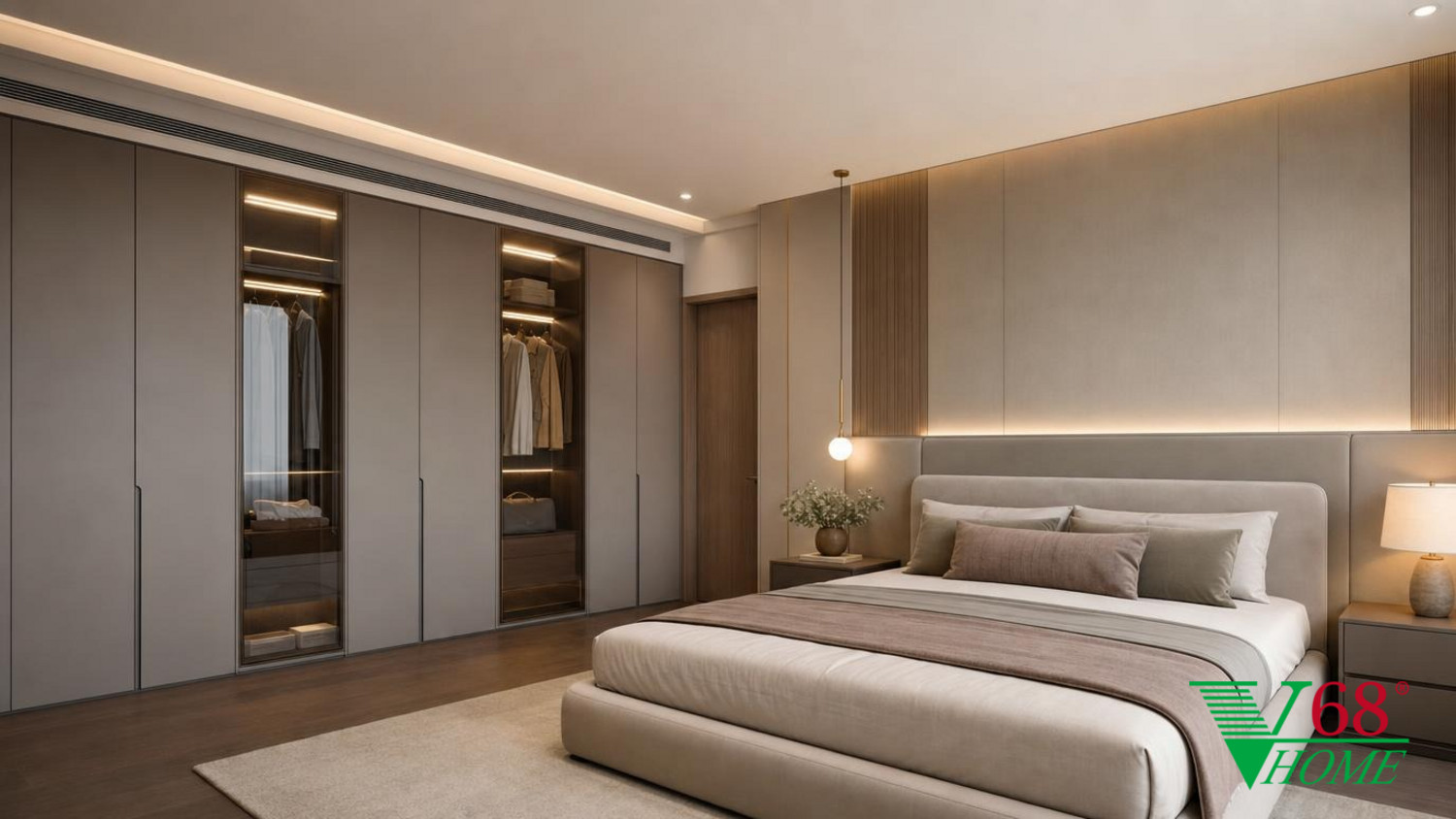 Phòng ngủ 1 Hiện đại nội thất chung cư hiện đại gỗ công nghiệp cao cấp bề mặt mờ, đá tự nhiên, da hoặc vải dệt, kính trà và kim loại màu champagne phối cảnh 3D V68 Home