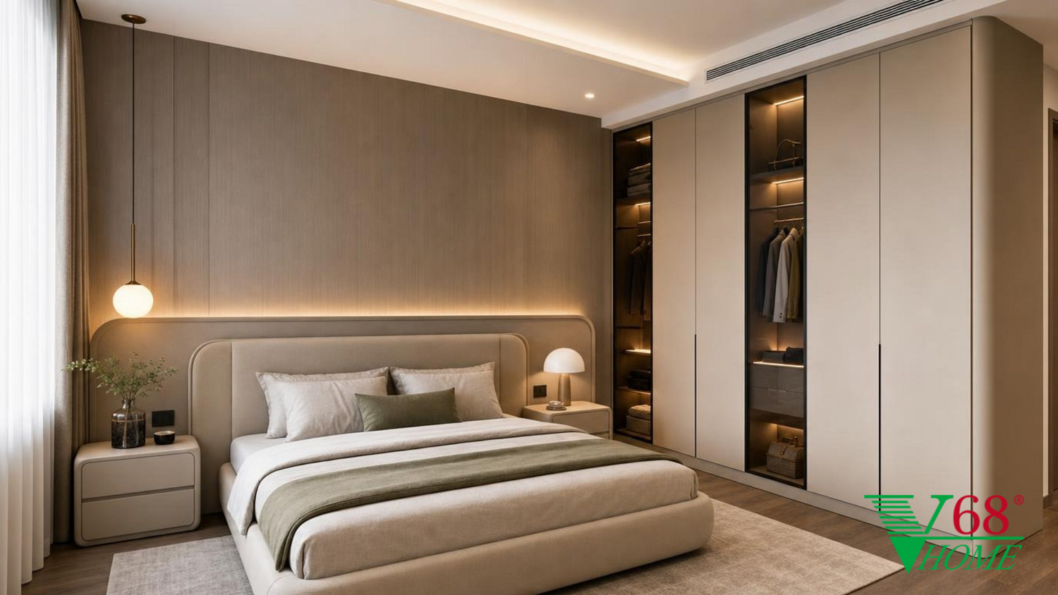 Phòng ngủ 1 Hiện đại ấm áp gỗ hoàn thiện mờ, đá, vải dệt, da và kính V68 Home