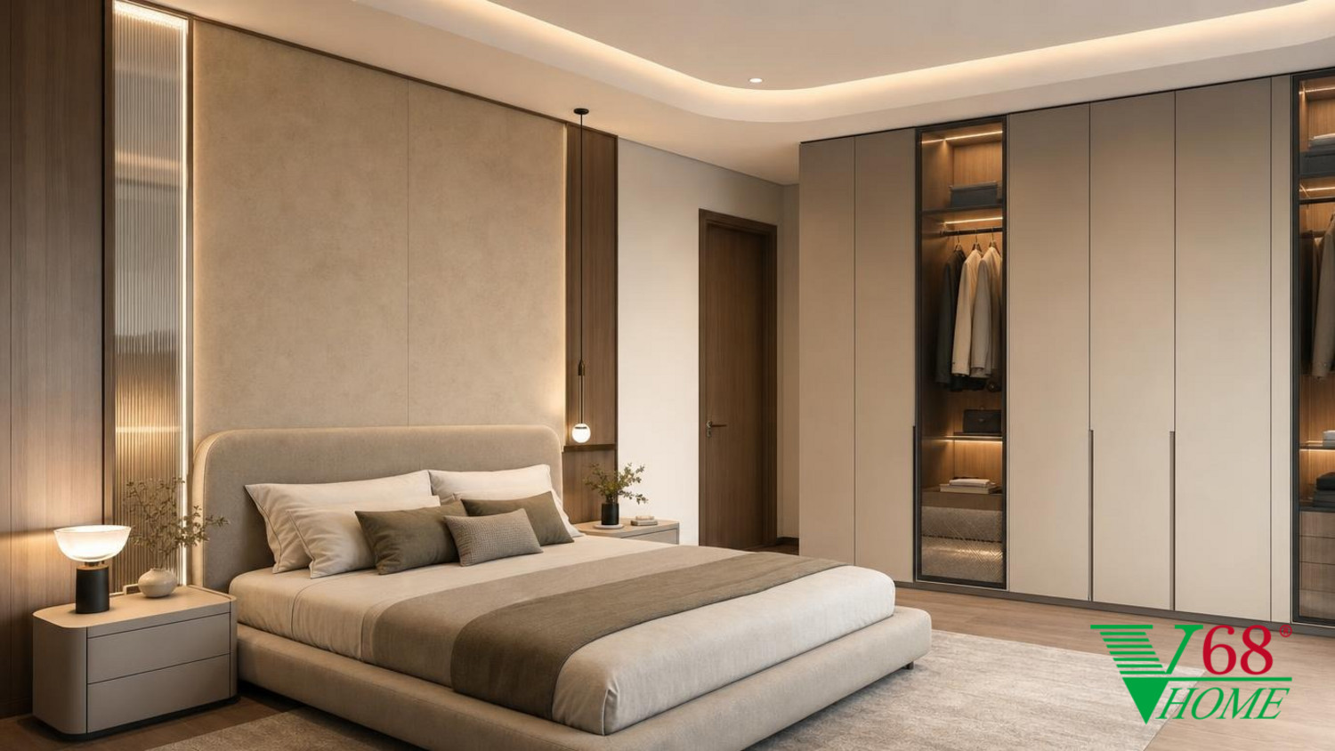 Phòng ngủ 1 Hiện đại ấm áp gỗ hoàn thiện mờ, đá, vải dệt, da và kính V68 Home