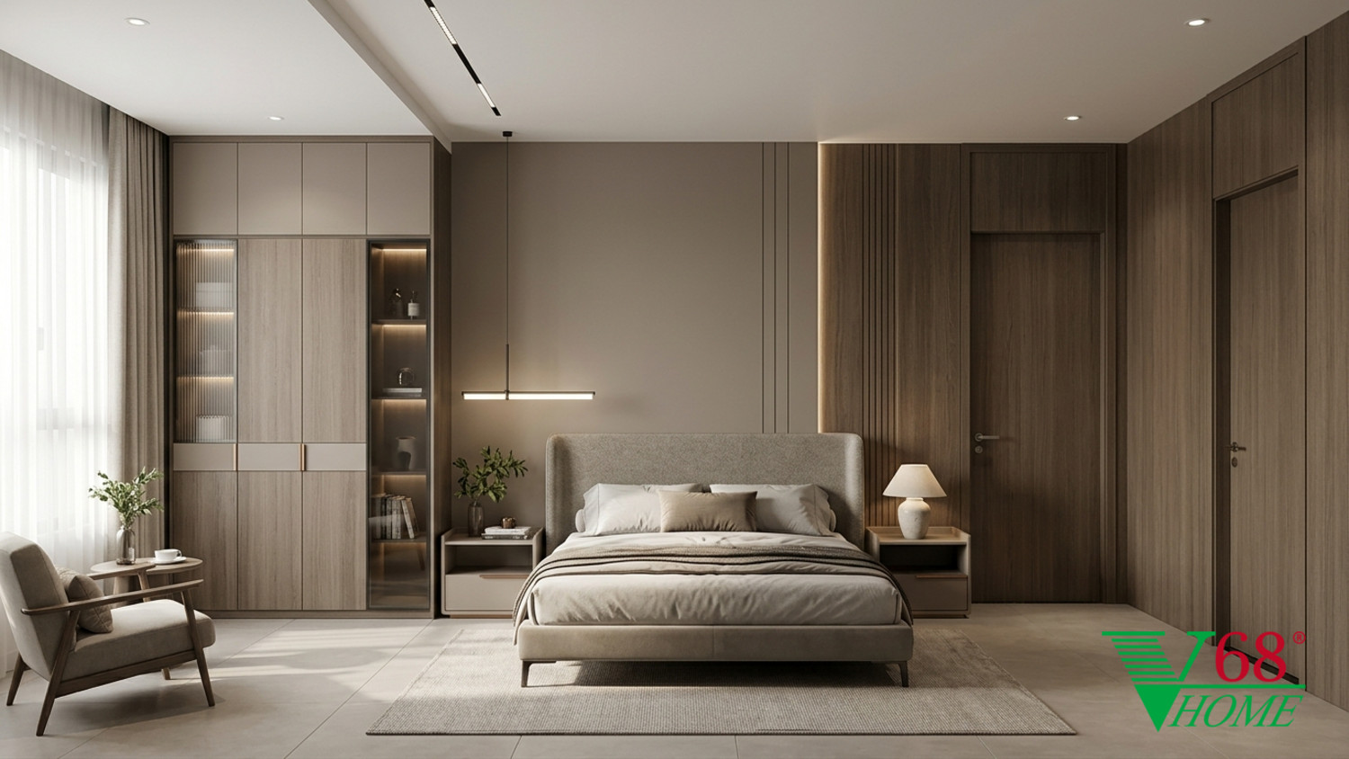 Phòng ngủ 1 Hiện đại ấm áp gỗ hoàn thiện mờ, đá, vải dệt, da và kính V68 Home