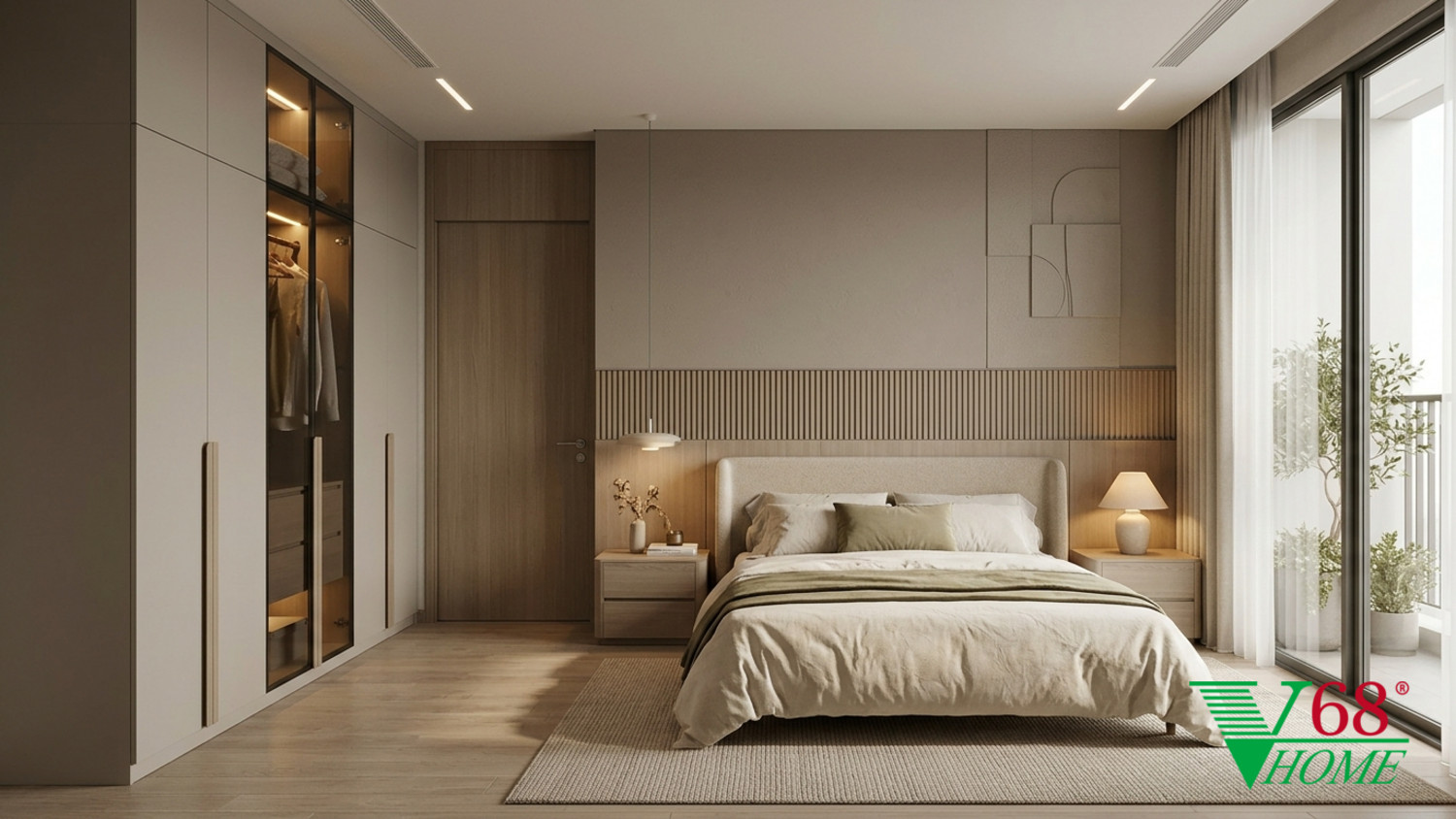 Phòng ngủ 1 Hiện đại ấm áp gỗ hoàn thiện mờ, đá, vải dệt, da và kính V68 Home