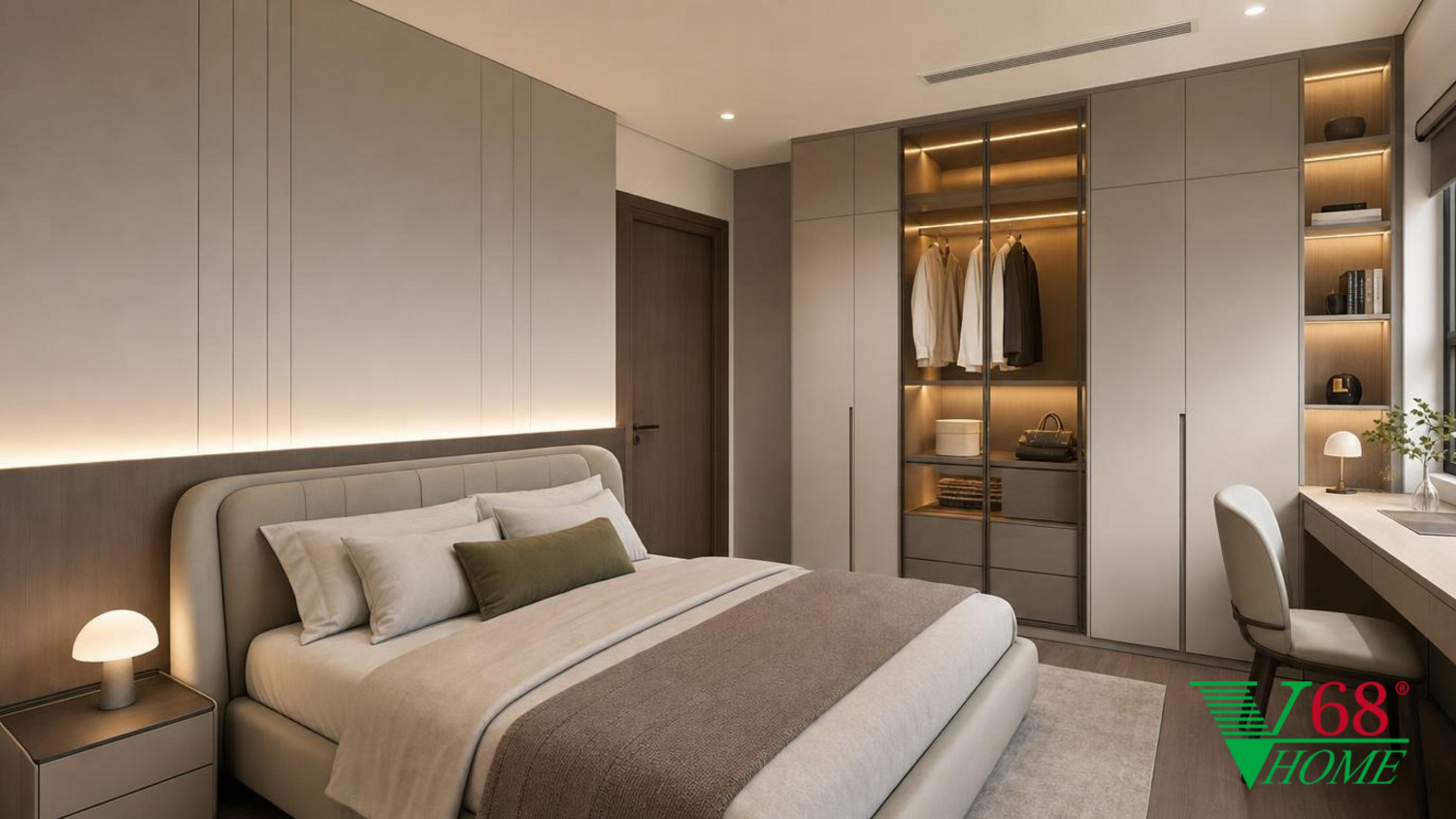 Phòng ngủ 2 Hiện đại nội thất chung cư hiện đại 2026 WARM CONTEMPORARY MODERN: high-quality An Cuong engineered-wood surfaces in super-matte phối cảnh 3D V68 Home