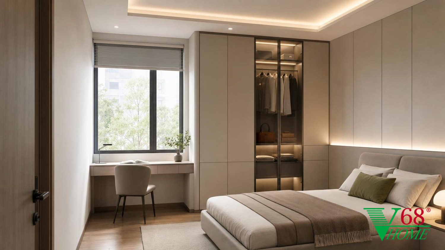 Phòng ngủ 2 Hiện đại ấm áp gỗ hoàn thiện mờ, đá, vải dệt, da và kính V68 Home
