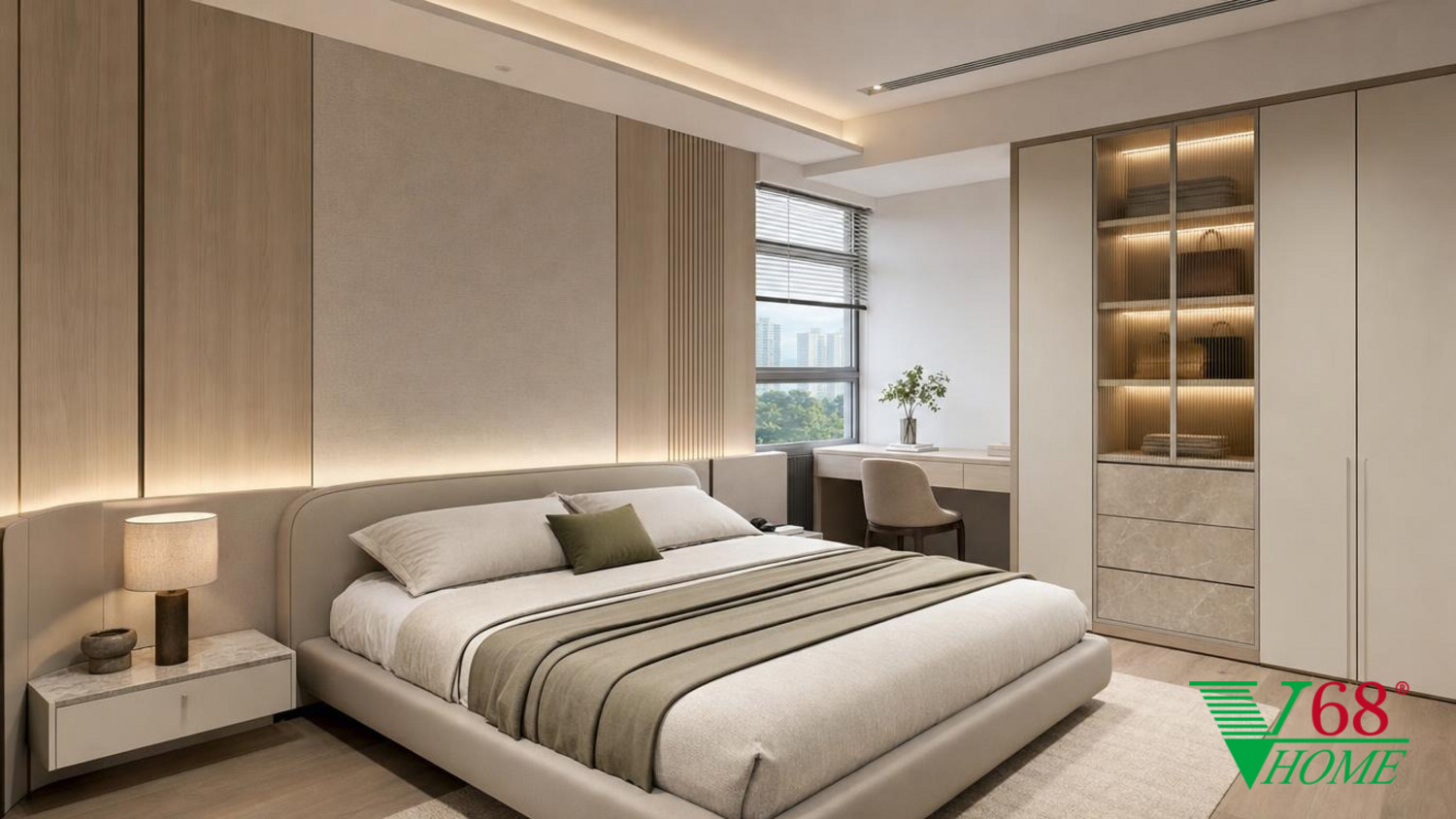 Phòng ngủ 2 Hiện đại ấm áp gỗ hoàn thiện mờ, đá, vải dệt, da và kính V68 Home
