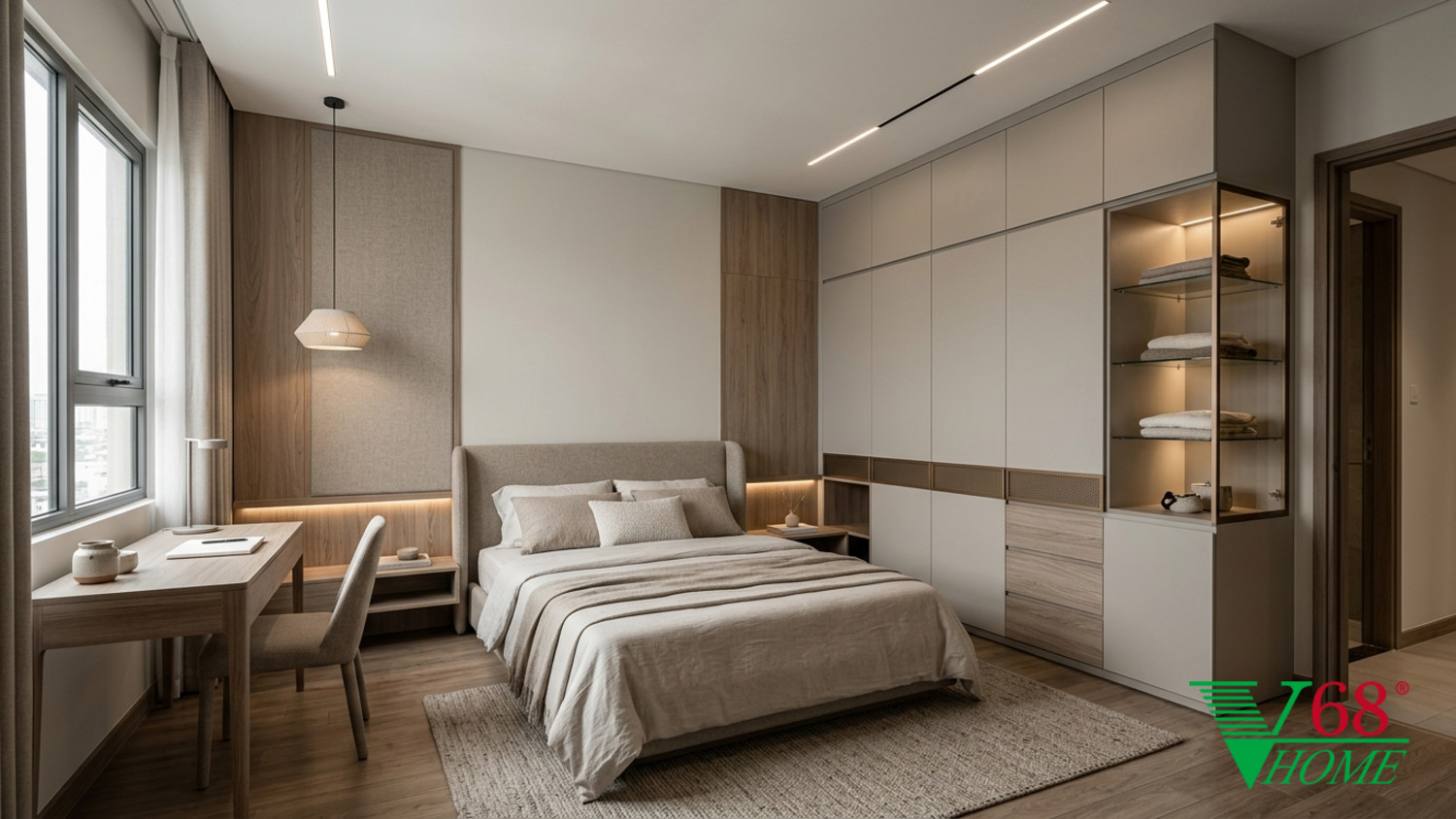 Phòng ngủ 2 Hiện đại ấm áp gỗ hoàn thiện mờ, đá, vải dệt, da và kính V68 Home
