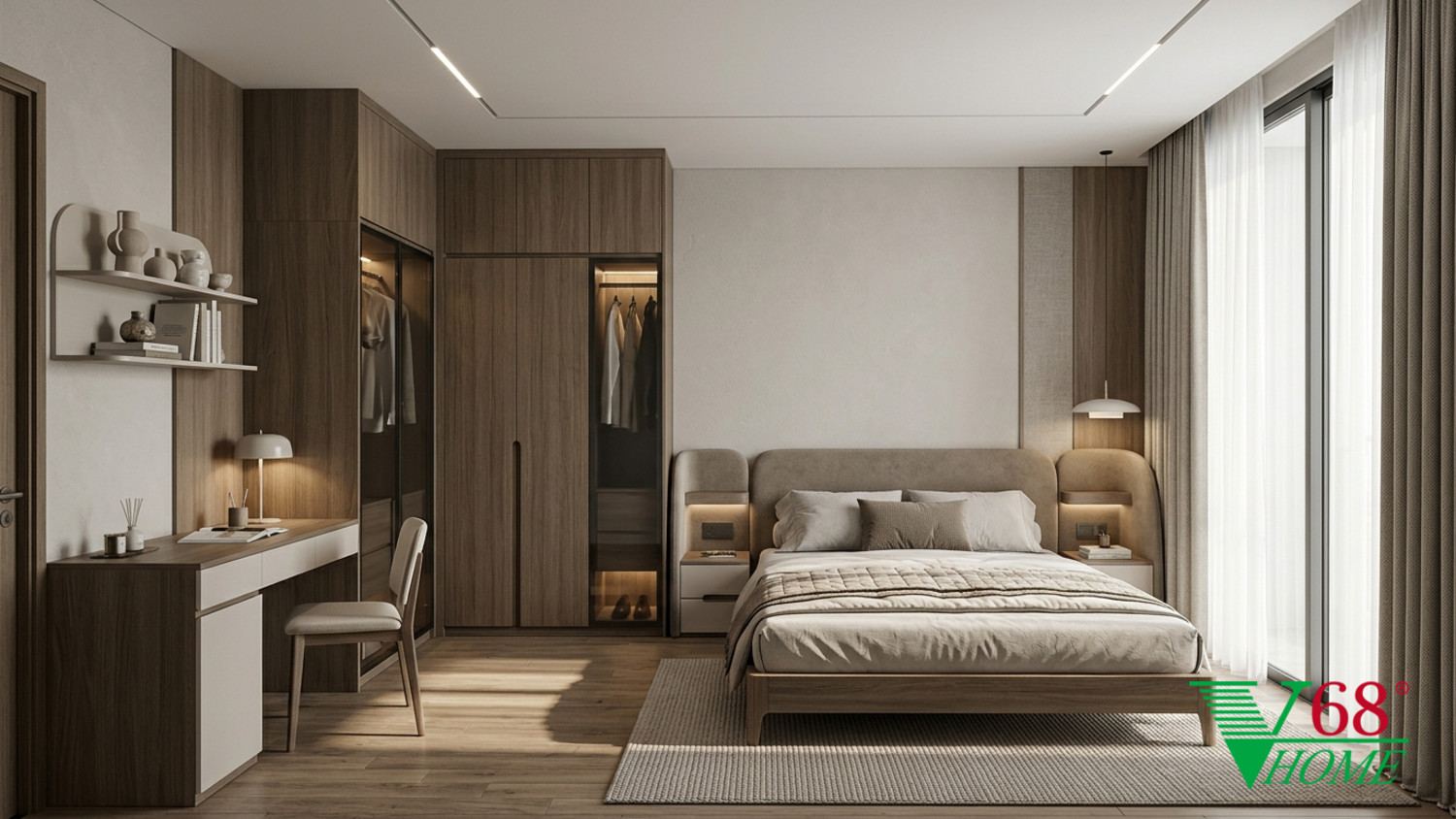 Phòng ngủ 2 Hiện đại ấm áp gỗ hoàn thiện mờ, đá, vải dệt, da và kính V68 Home