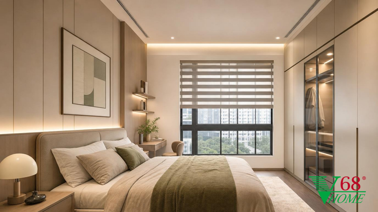 Phòng ngủ 3 Hiện đại nội thất chung cư hiện đại 2026 WARM CONTEMPORARY MODERN: high-quality An Cuong engineered-wood surfaces in super-matte phối cảnh 3D V68 Home