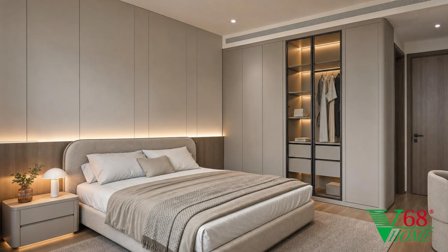 Phòng ngủ 3 Hiện đại nội thất chung cư hiện đại gỗ công nghiệp cao cấp bề mặt mờ, đá tự nhiên, da hoặc vải dệt, kính trà và kim loại màu champagne phối cảnh 3D V68 Home