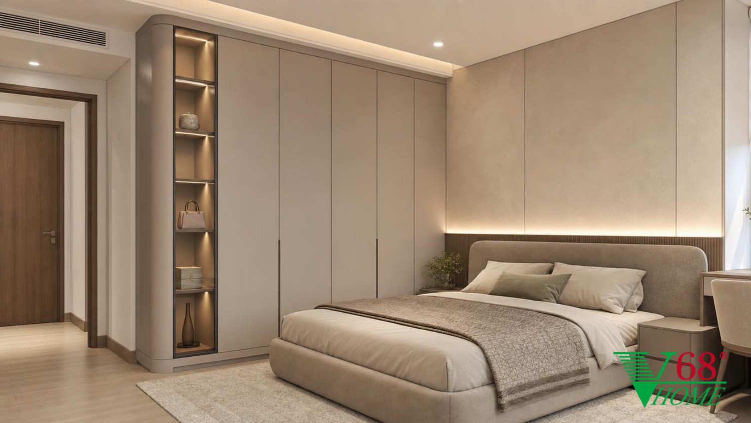 Phòng ngủ 3 Hiện đại ấm áp gỗ hoàn thiện mờ, đá, vải dệt, da và kính V68 Home
