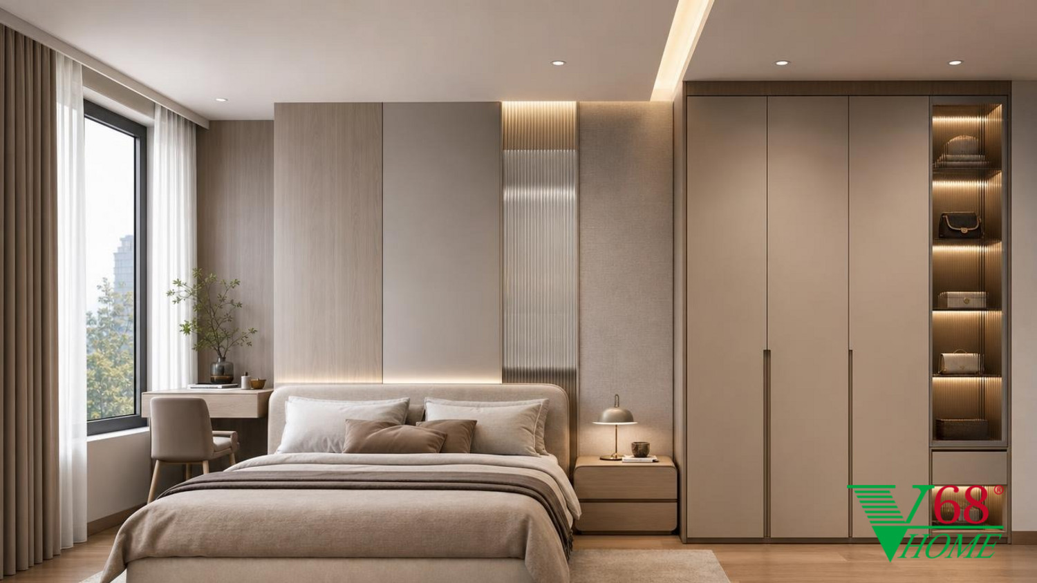 Phòng ngủ 3 Hiện đại ấm áp gỗ hoàn thiện mờ, đá, vải dệt, da và kính V68 Home