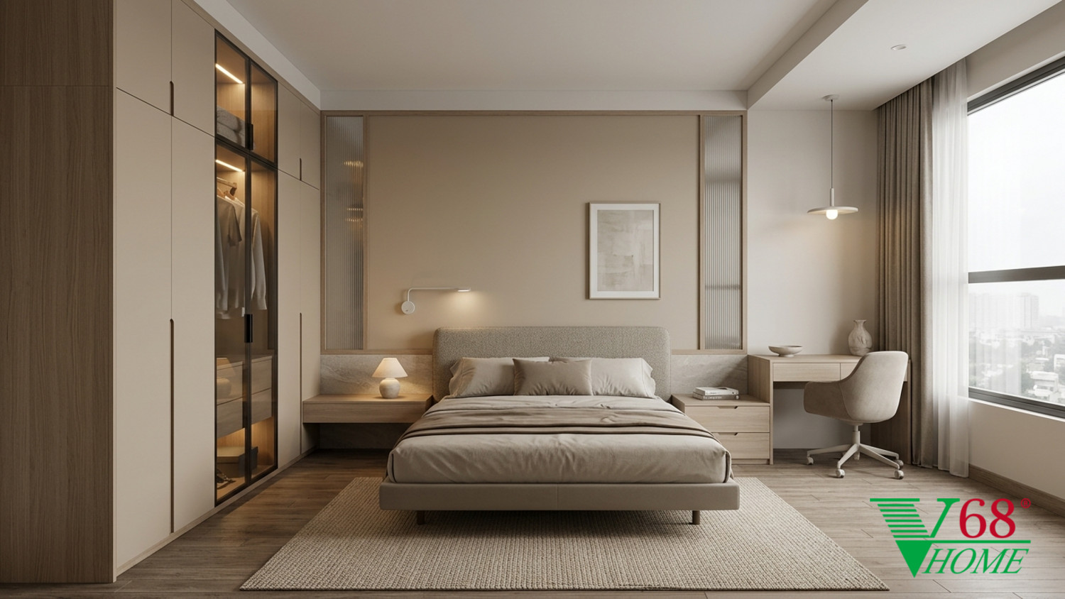 Phòng ngủ 3 Hiện đại ấm áp gỗ hoàn thiện mờ, đá, vải dệt, da và kính V68 Home