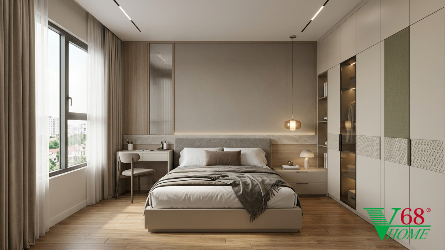 Phòng ngủ 3 Hiện đại ấm áp gỗ hoàn thiện mờ, đá, vải dệt, da và kính V68 Home