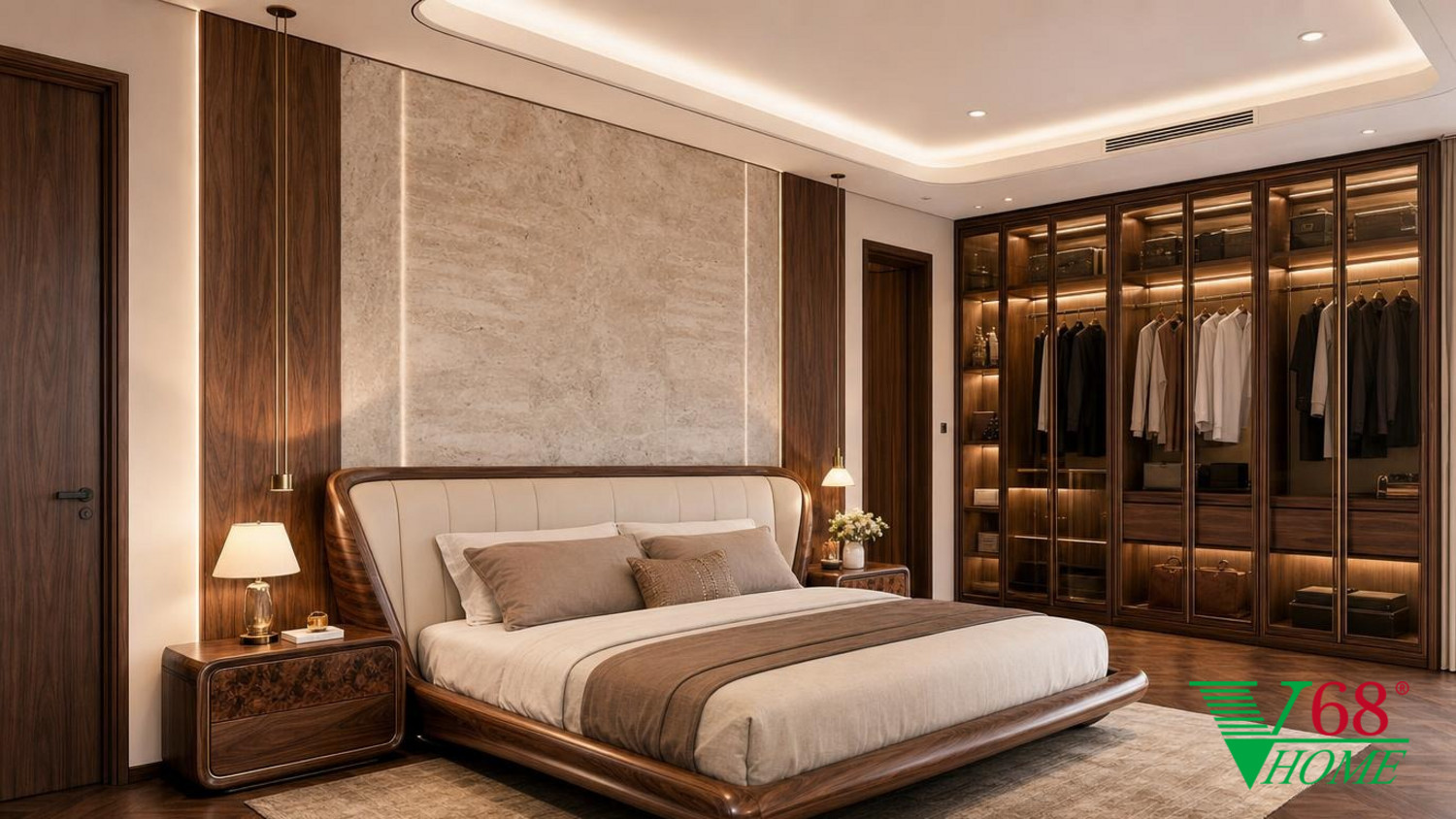 Phòng ngủ 1 Gỗ óc chó tự nhiên Bắc Mỹ gỗ óc chó tự nhiên, da bò, kính màu trà, đá tự