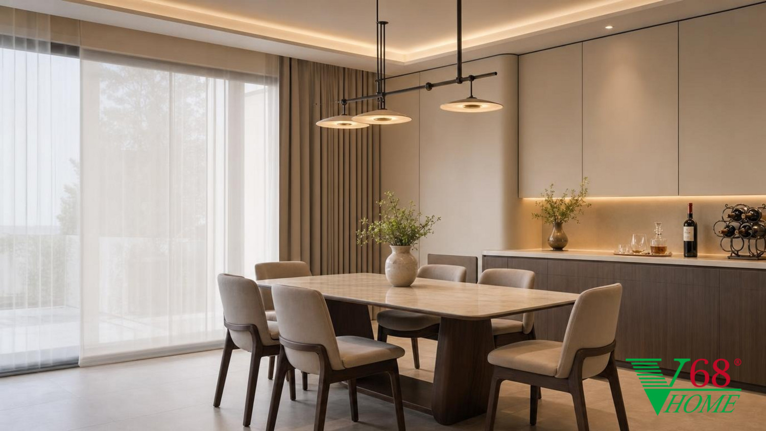 Phòng ăn Hiện đại nội thất nhà phố hiện đại 2026 WARM CONTEMPORARY MODERN: high-quality An Cuong engineered-wood surfaces in super-matte phối cảnh 3D V68 Home