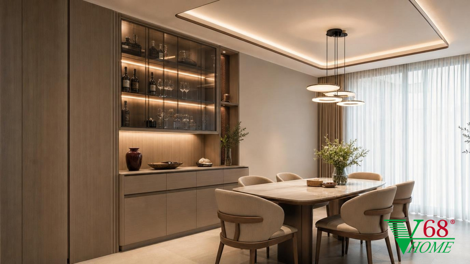 Phòng ăn Hiện đại nội thất nhà phố hiện đại gỗ công nghiệp cao cấp bề mặt mờ, đá tự nhiên, da hoặc vải dệt, kính trà và kim loại màu champagne phối cảnh 3D V68 Home