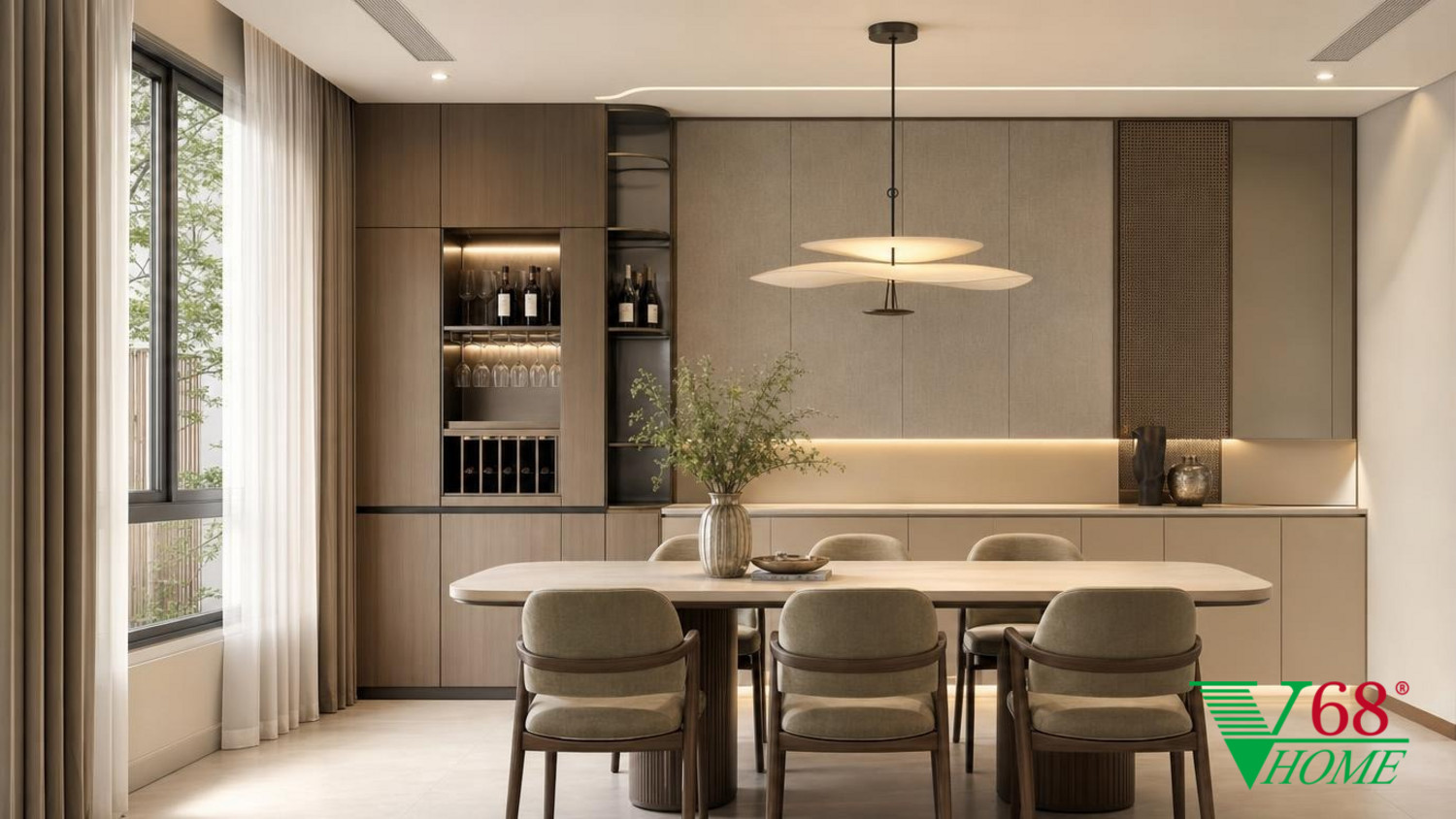 Phòng ăn Hiện đại ấm áp gỗ hoàn thiện mờ, đá, vải dệt, da và kính V68 Home