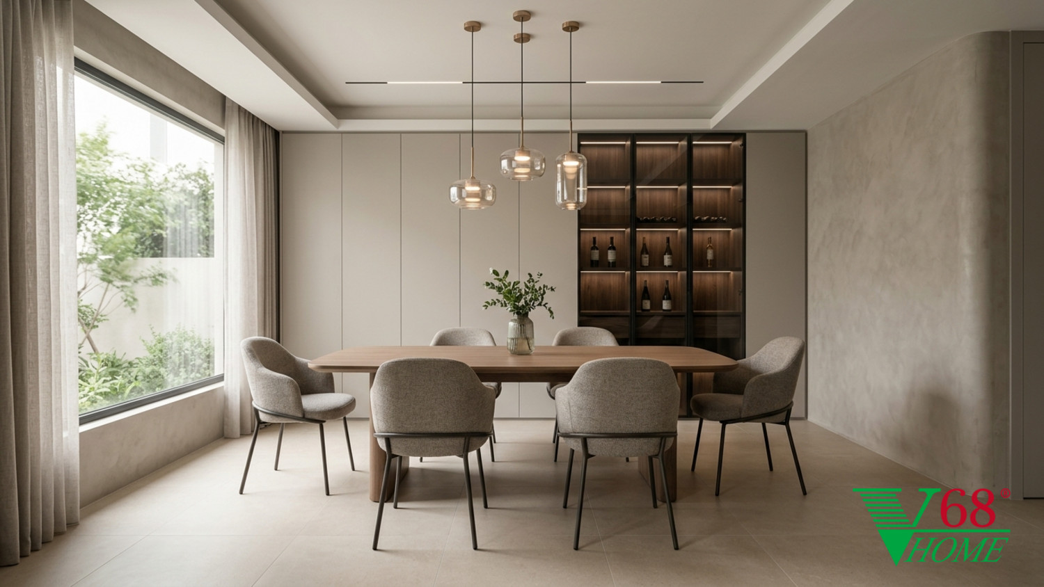 Phòng ăn Hiện đại ấm áp gỗ hoàn thiện mờ, đá, vải dệt, da và kính V68 Home